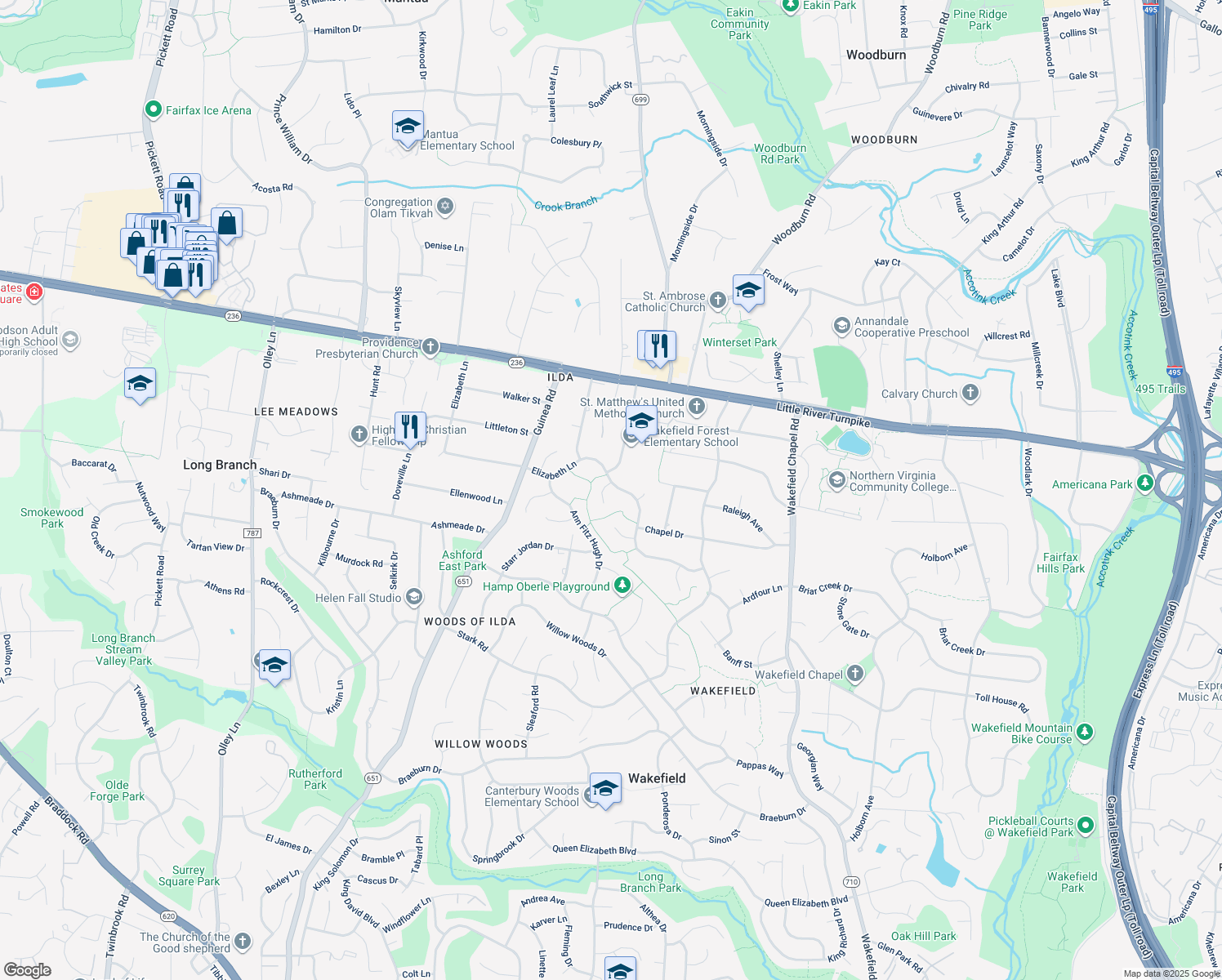 map of restaurants, bars, coffee shops, grocery stores, and more near 4170 Elizabeth Lane in Annandale