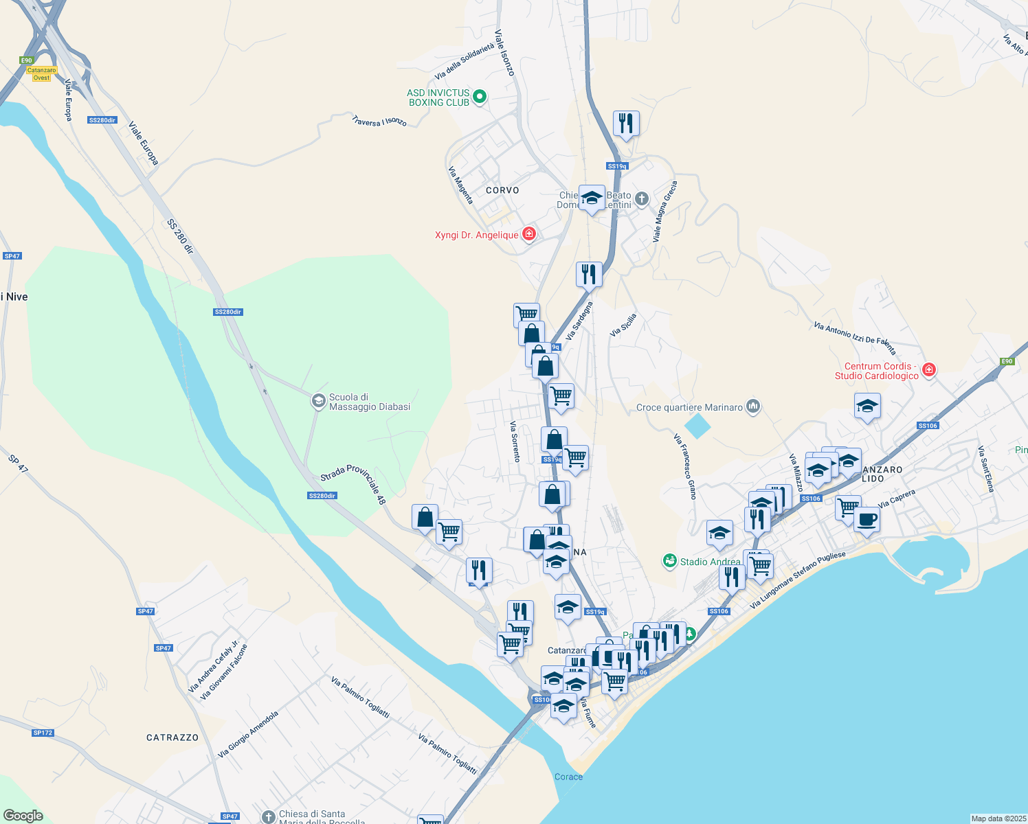 map of restaurants, bars, coffee shops, grocery stores, and more near 32 Via Sorrento in Catanzaro