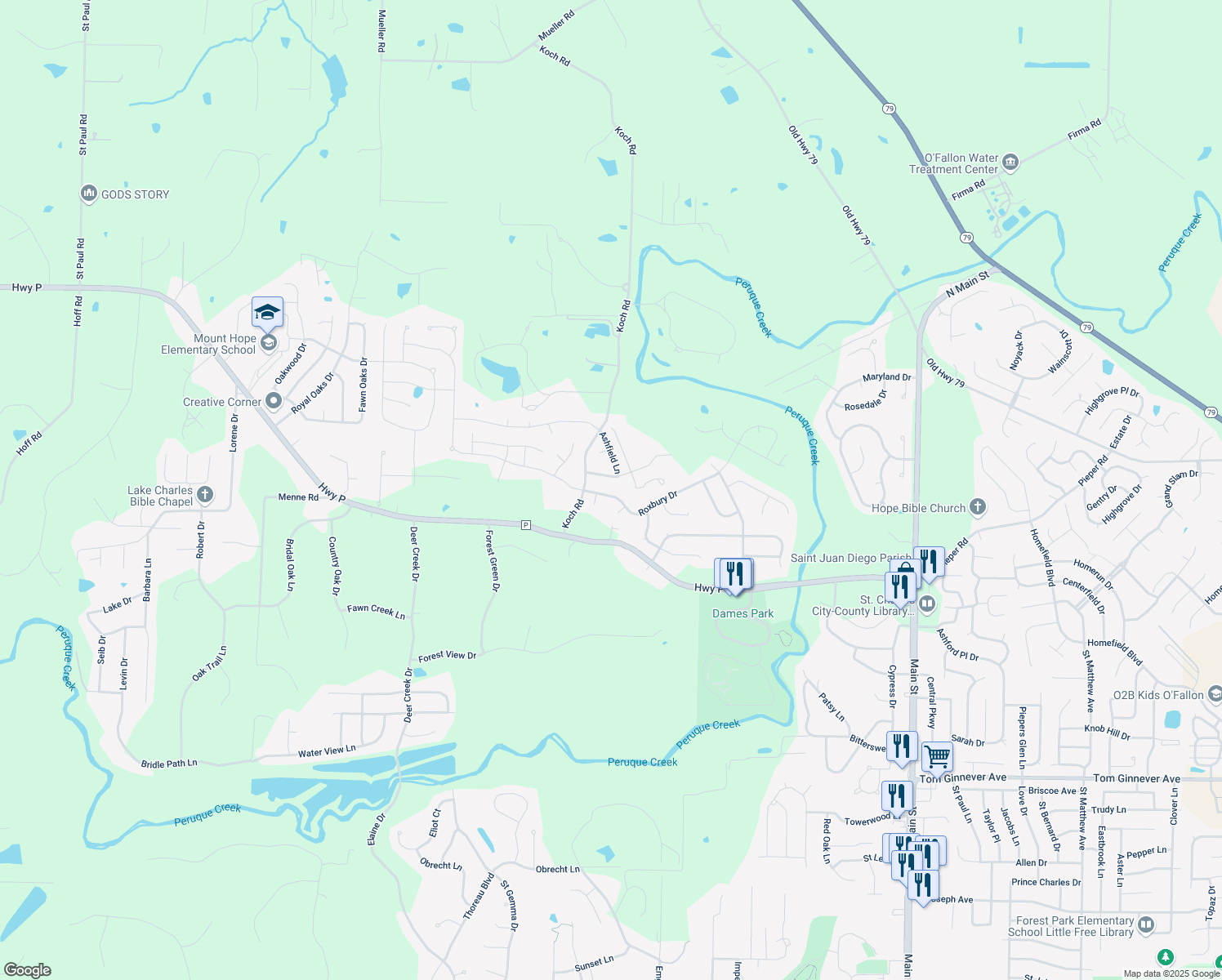 map of restaurants, bars, coffee shops, grocery stores, and more near 229 Roxbury Drive in O'Fallon
