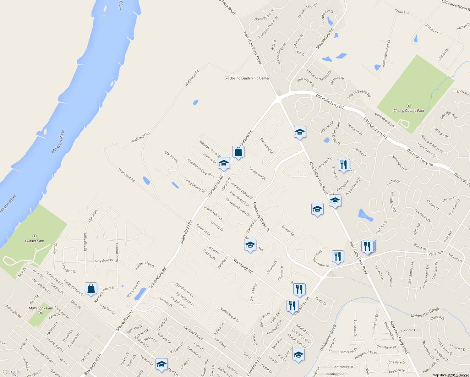 map of restaurants, bars, coffee shops, grocery stores, and more near 1637 Somerset Shire Drive in Florissant