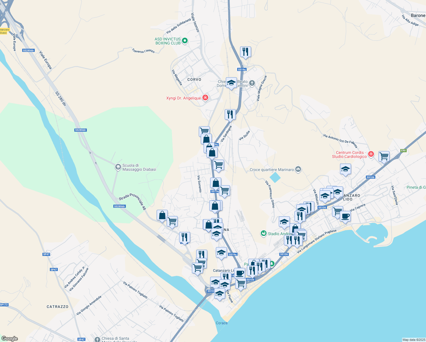 map of restaurants, bars, coffee shops, grocery stores, and more near 10A Via Ancona in Catanzaro