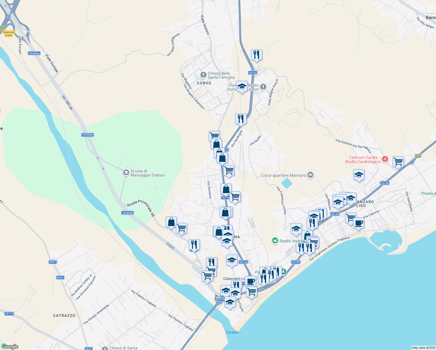 map of restaurants, bars, coffee shops, grocery stores, and more near 10A Via Ancona in Catanzaro