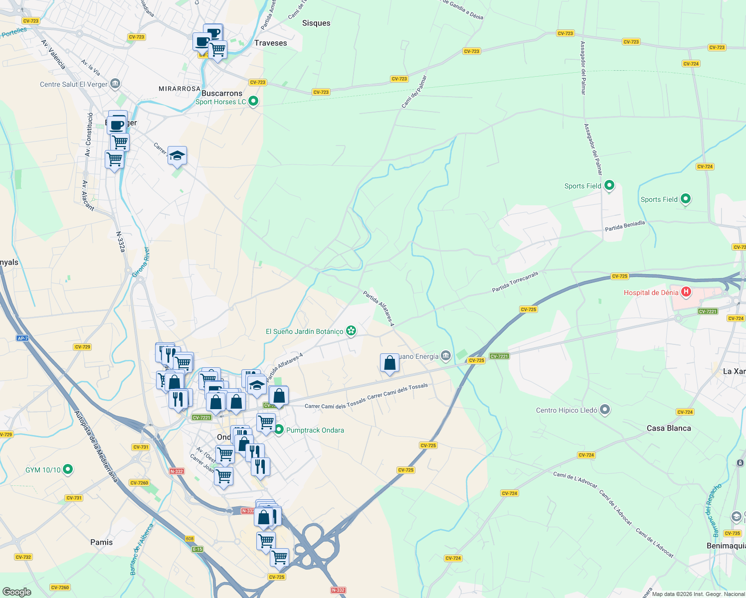map of restaurants, bars, coffee shops, grocery stores, and more near 288 Partida Alfatares-4 in Ondara