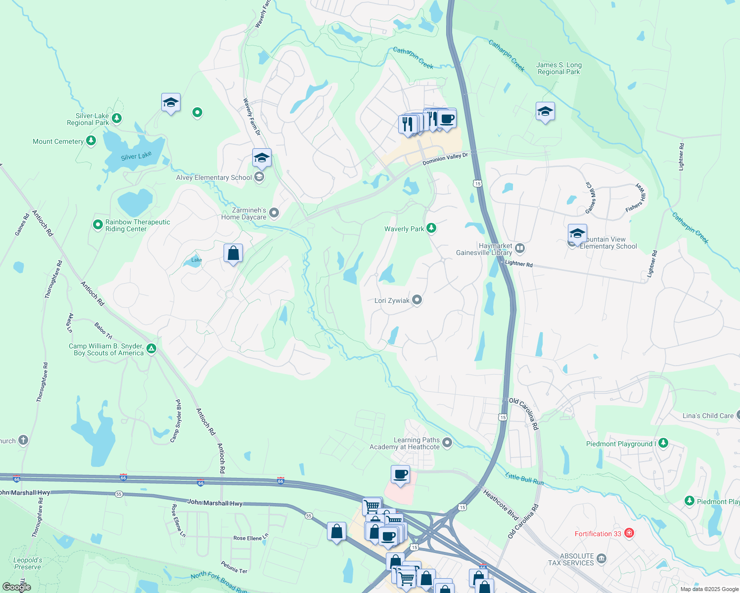 map of restaurants, bars, coffee shops, grocery stores, and more near 5008 Desert Forest Court in Haymarket
