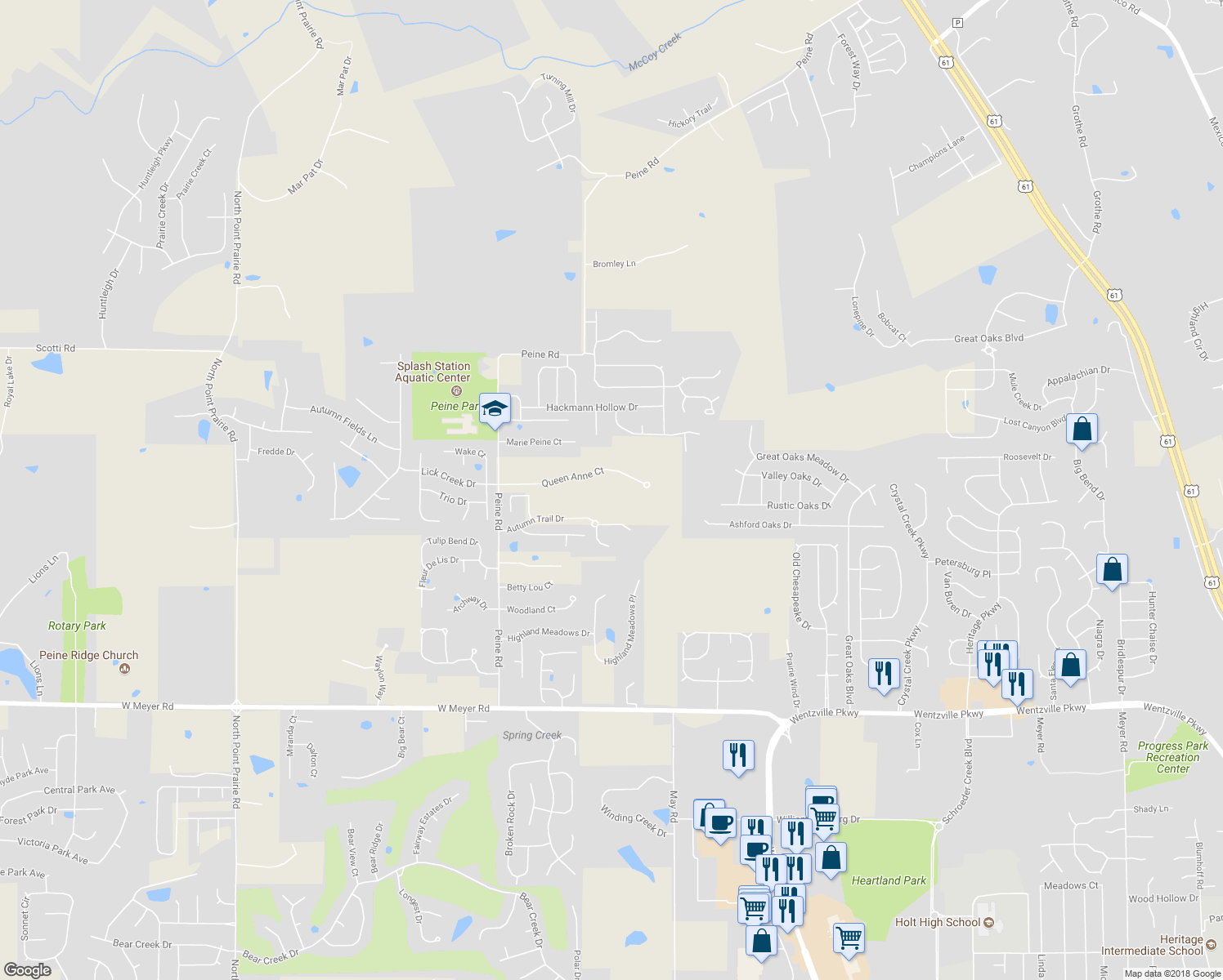 map of restaurants, bars, coffee shops, grocery stores, and more near 1846 Queen Anne Court in Wentzville