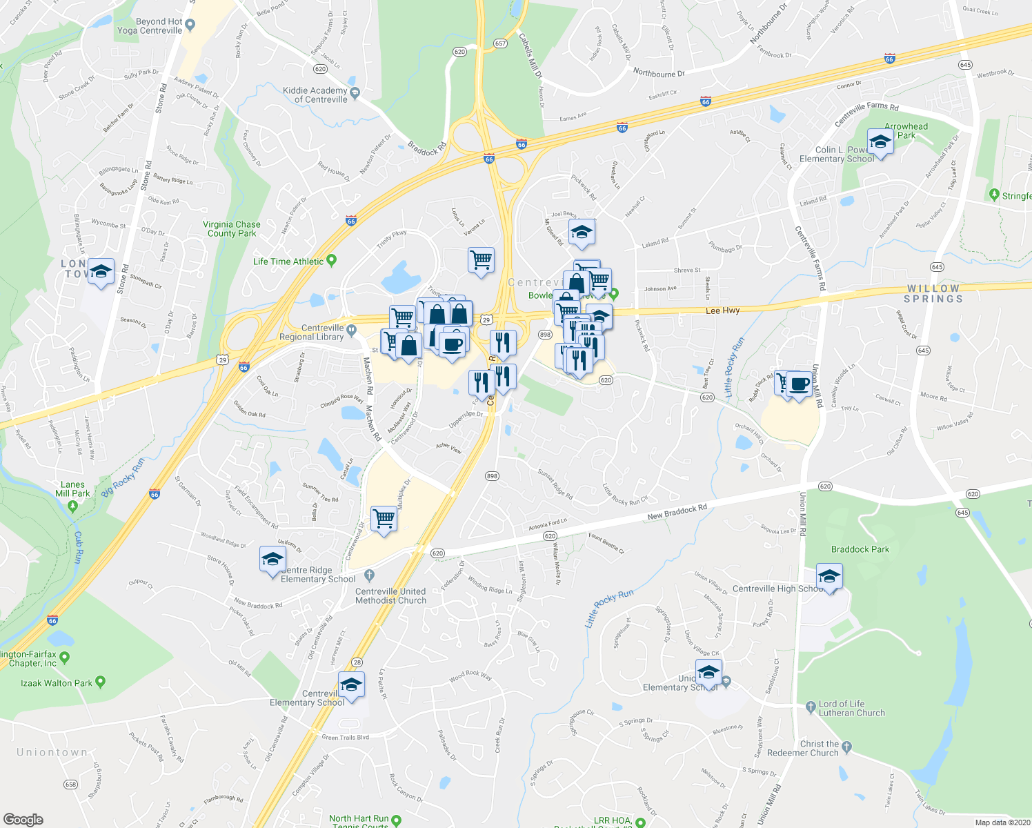 map of restaurants, bars, coffee shops, grocery stores, and more near 14015 Sawteeth Way in Centreville