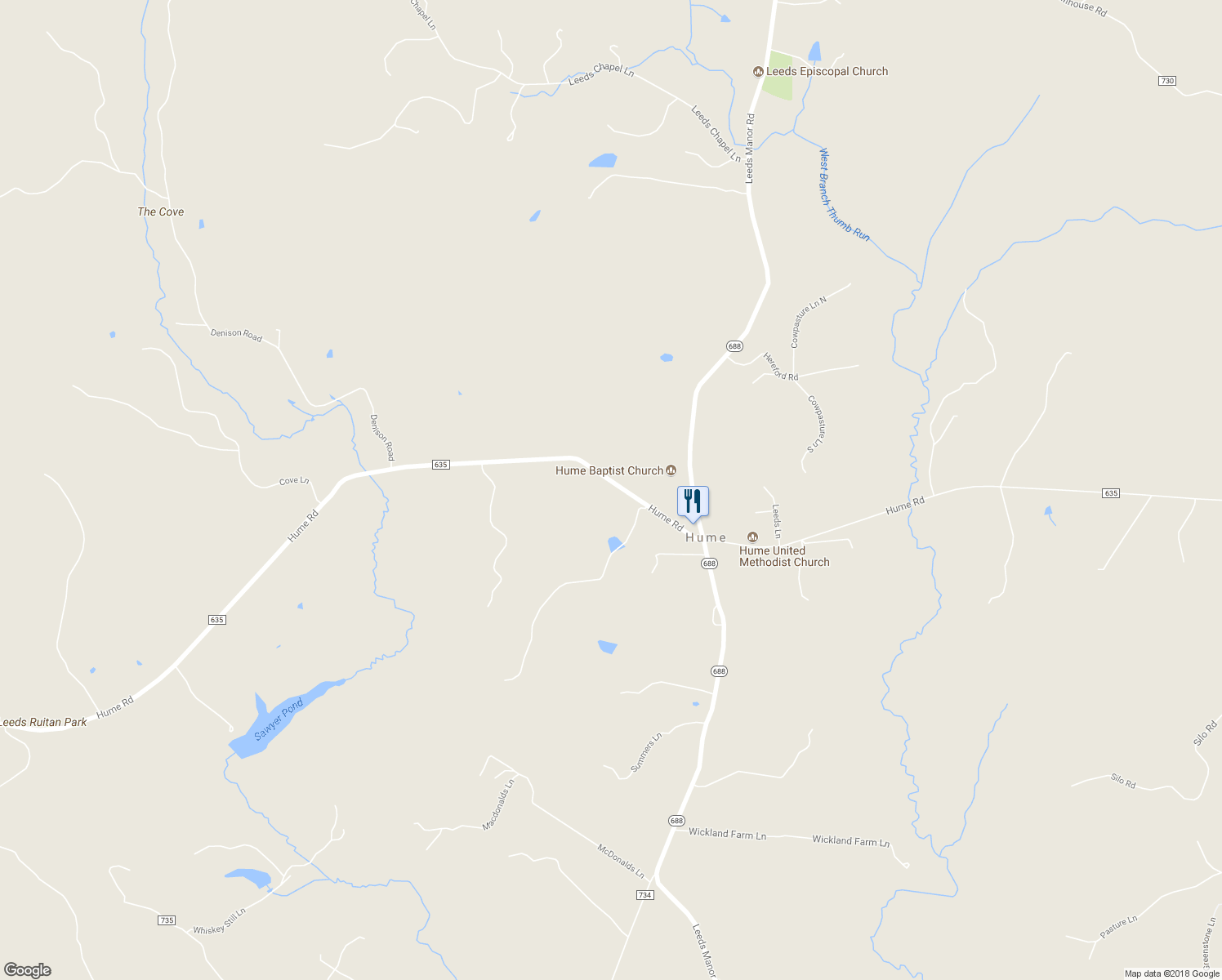 map of restaurants, bars, coffee shops, grocery stores, and more near 12071 Hume Road in Hume