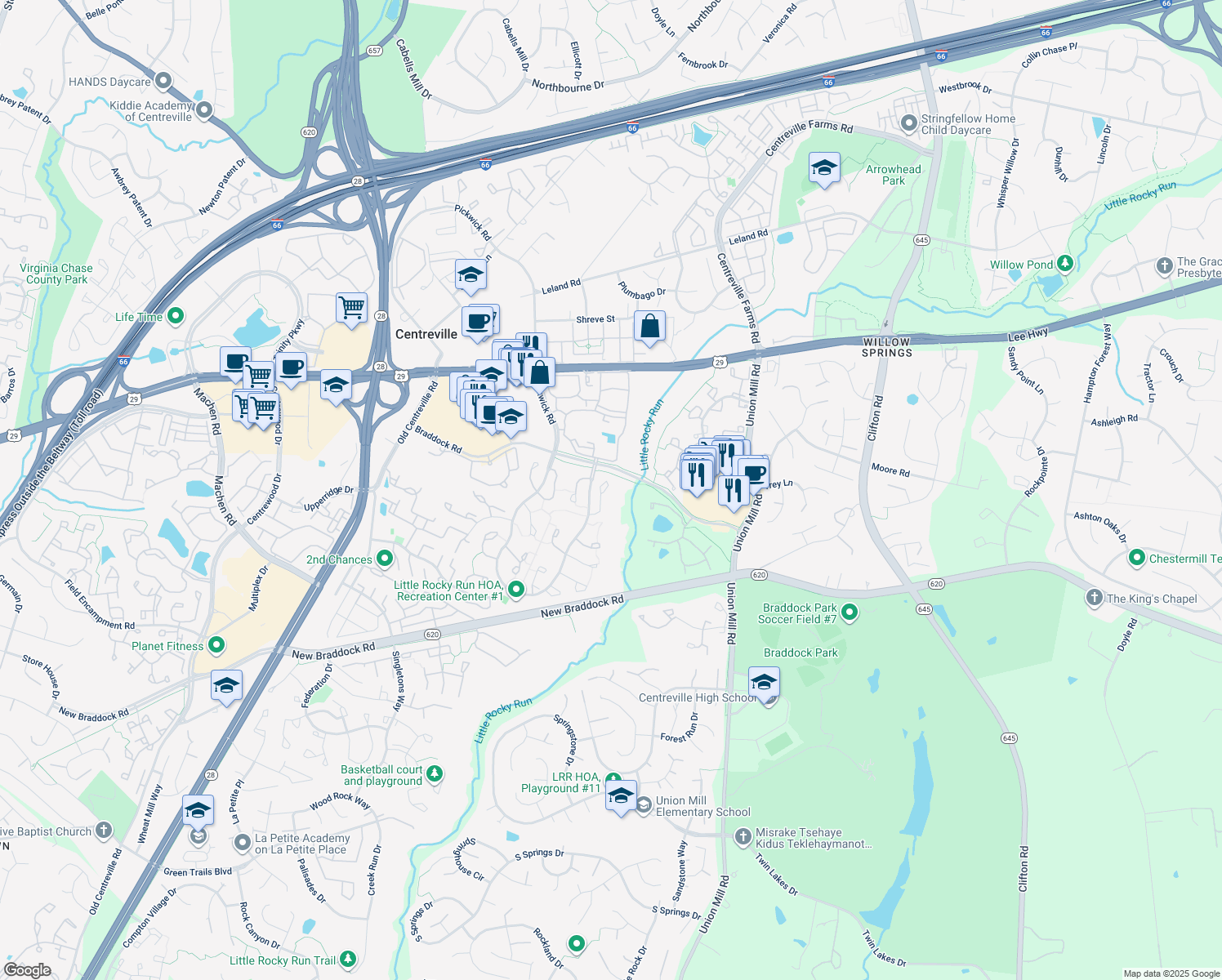 map of restaurants, bars, coffee shops, grocery stores, and more near 5819 Waterdale Court in Centreville