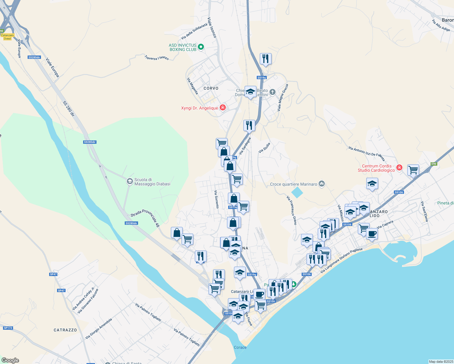 map of restaurants, bars, coffee shops, grocery stores, and more near 10A Via Ancona in Catanzaro