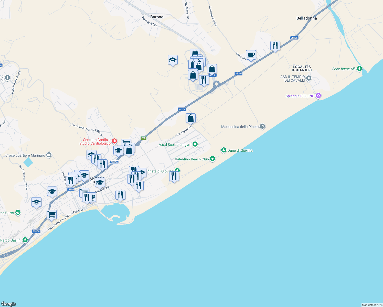map of restaurants, bars, coffee shops, grocery stores, and more near 12 Via Carlo Pisacane in Catanzaro