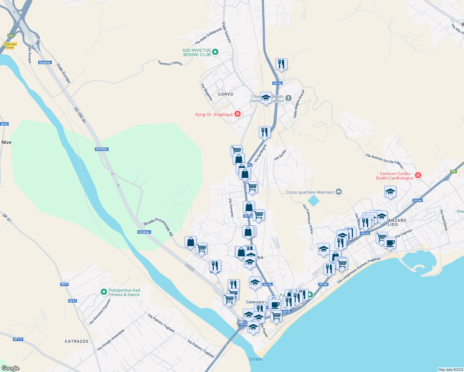 map of restaurants, bars, coffee shops, grocery stores, and more near 16 Via Istria in Catanzaro