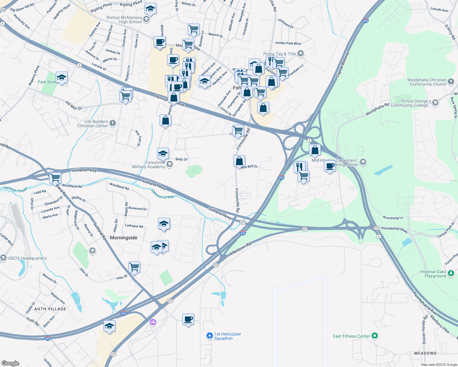 map of restaurants, bars, coffee shops, grocery stores, and more near 4020 Suit Road in District Heights