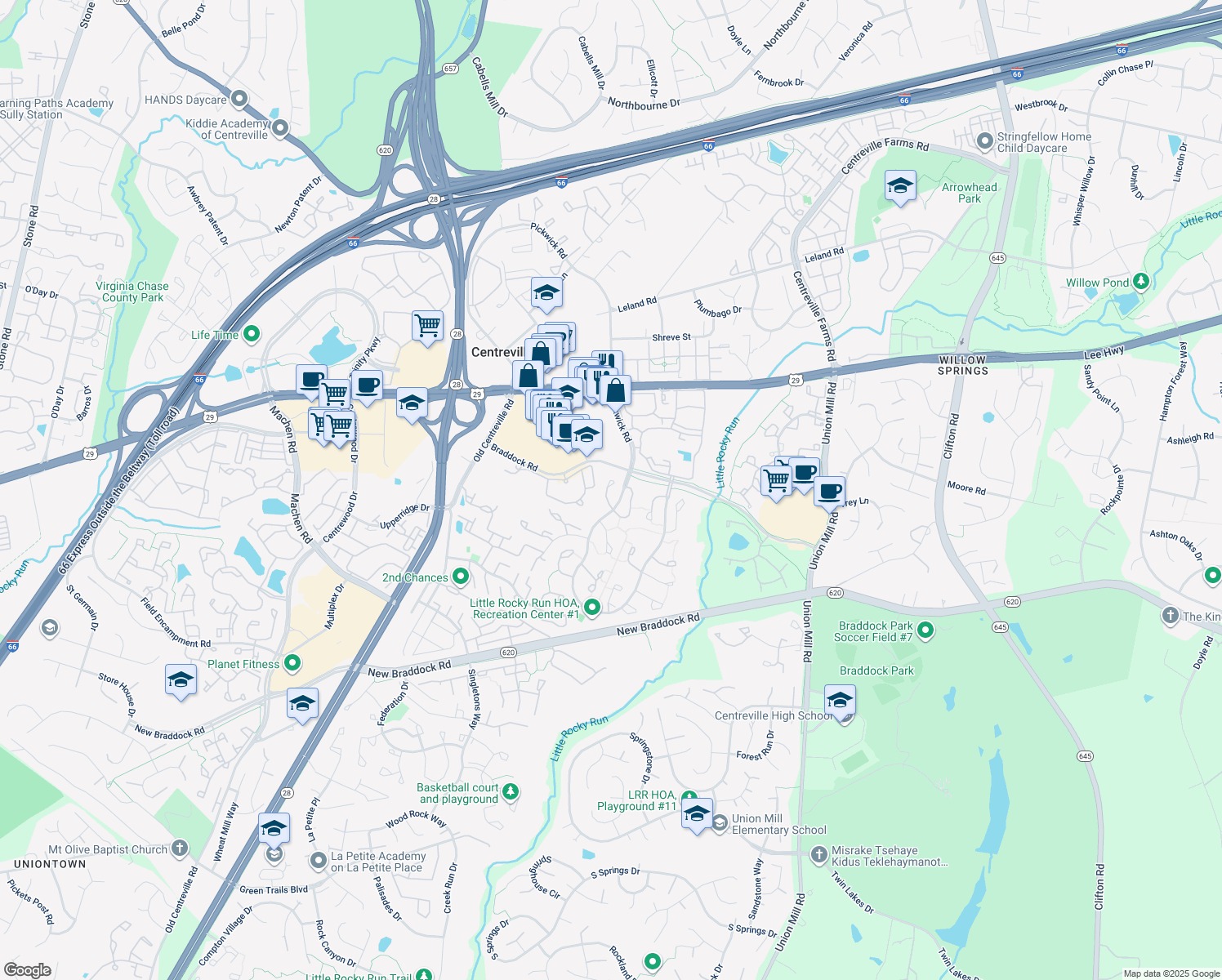 map of restaurants, bars, coffee shops, grocery stores, and more near 5837 Westwater Court in Centreville