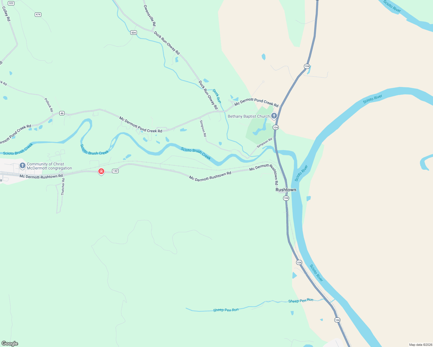 map of restaurants, bars, coffee shops, grocery stores, and more near 2084 Mc Dermott-Rushtown Road in McDermott