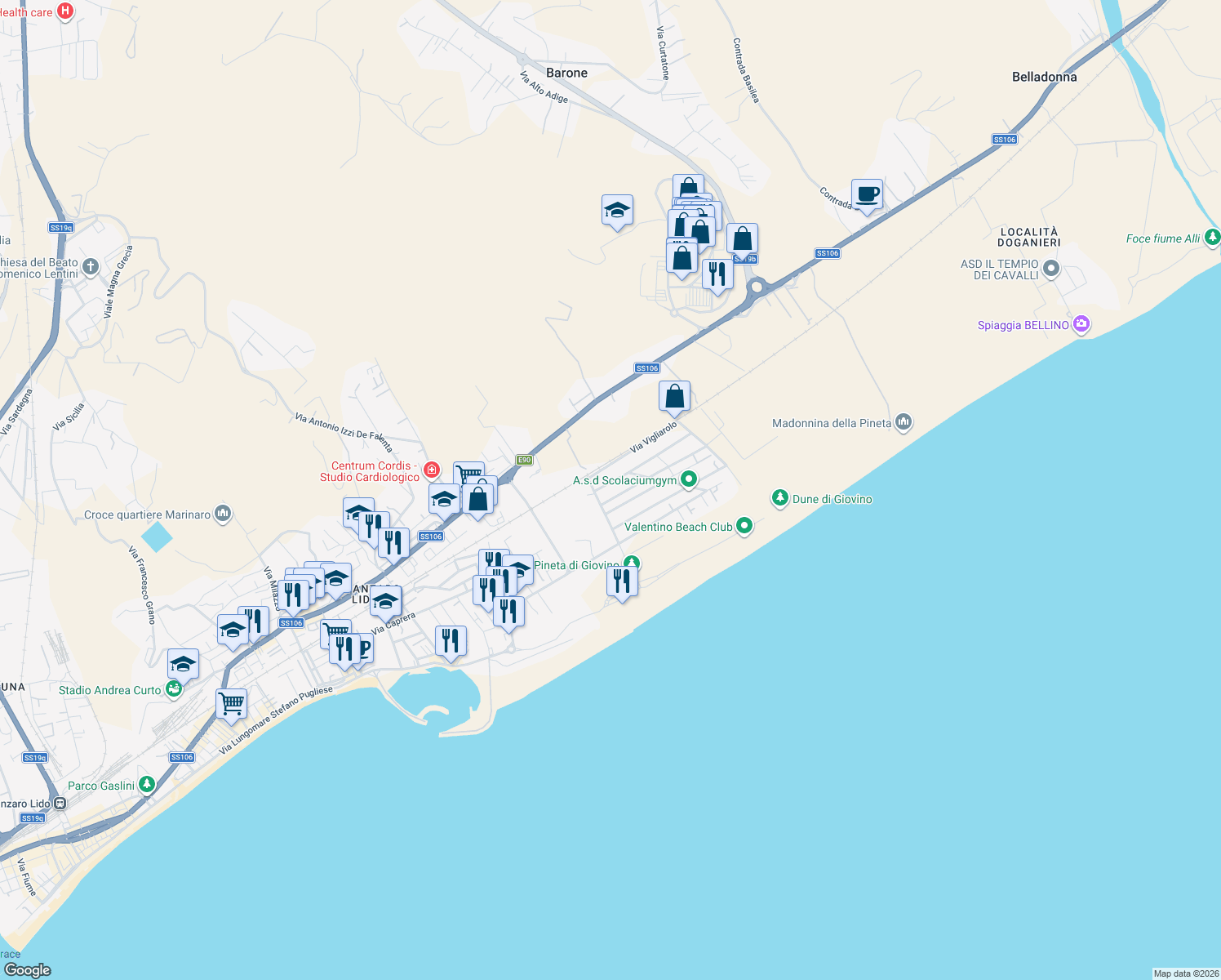 map of restaurants, bars, coffee shops, grocery stores, and more near 10 Via Alberto Bedarida in Catanzaro