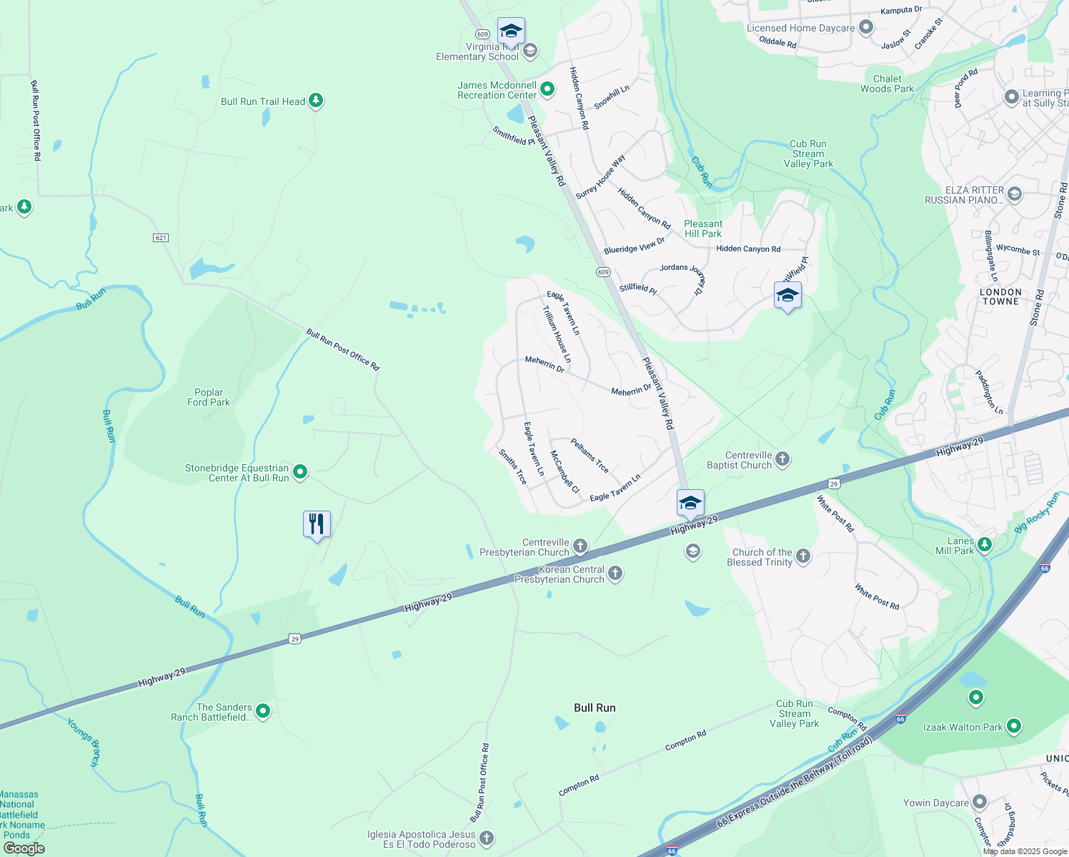 map of restaurants, bars, coffee shops, grocery stores, and more near 15460 Eagle Tavern Lane in Centreville