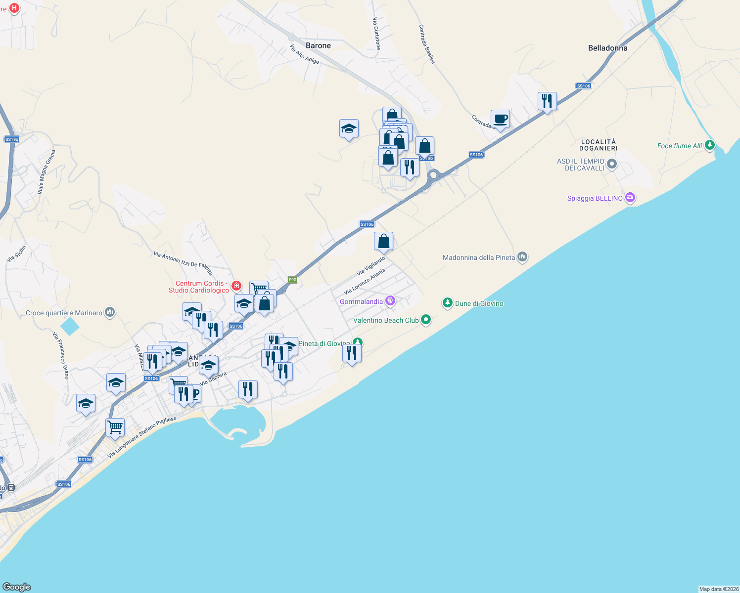 map of restaurants, bars, coffee shops, grocery stores, and more near 20 Via Saverio de Fiore in Catanzaro
