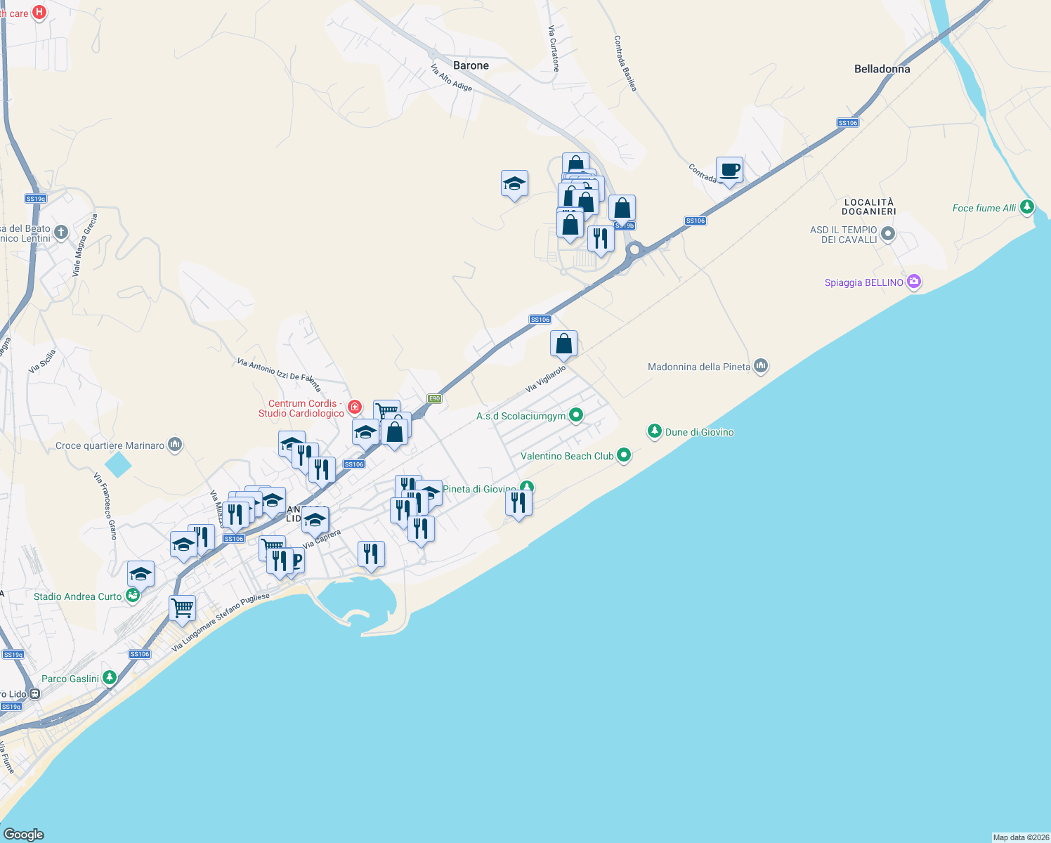 map of restaurants, bars, coffee shops, grocery stores, and more near 10 Via Alberto Bedarida in Catanzaro