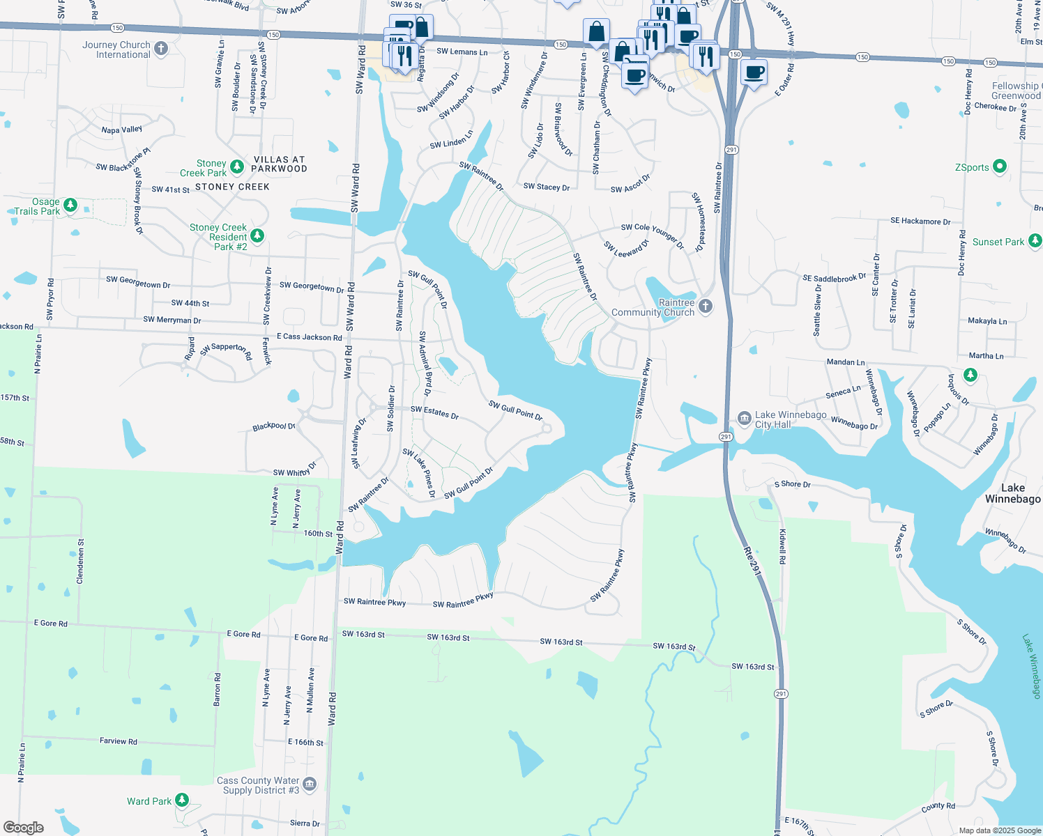 map of restaurants, bars, coffee shops, grocery stores, and more near 4608 Southwest Gull Point Drive in Lee's Summit
