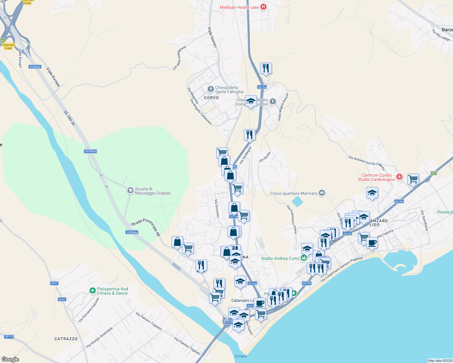 map of restaurants, bars, coffee shops, grocery stores, and more near 188 Viale Magna Grecia in Catanzaro
