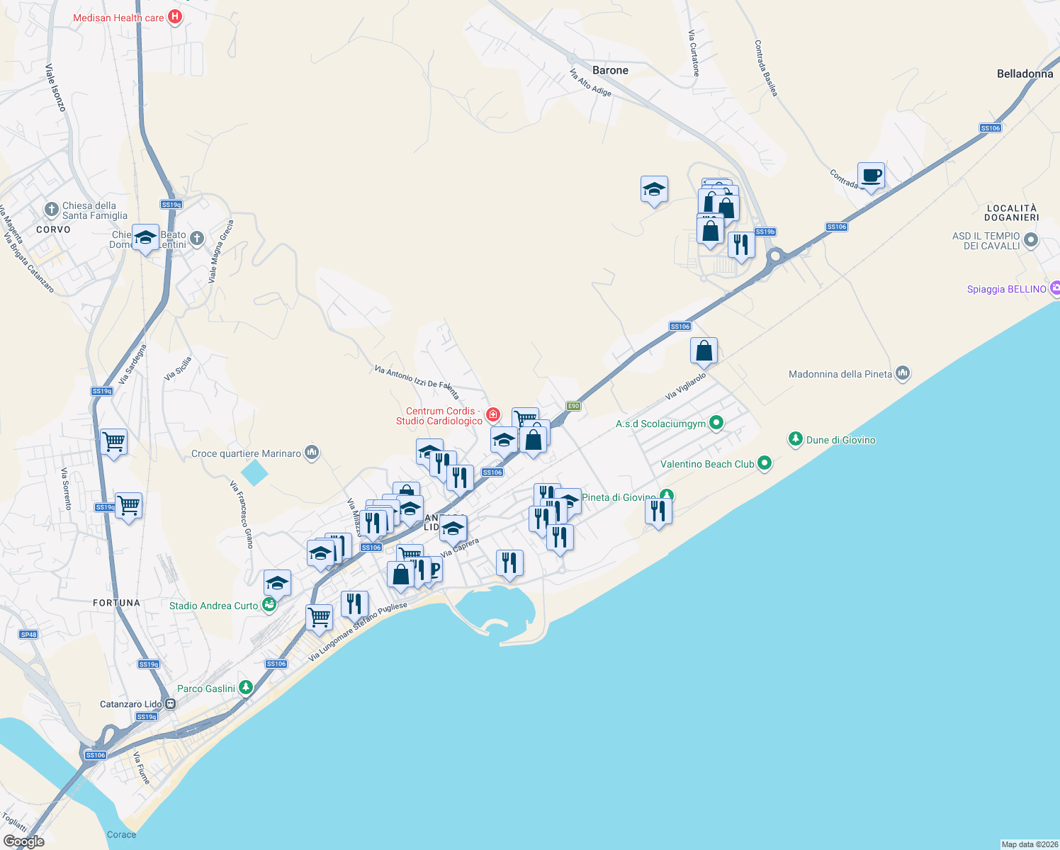 map of restaurants, bars, coffee shops, grocery stores, and more near 214B Viale Crotone in Catanzaro
