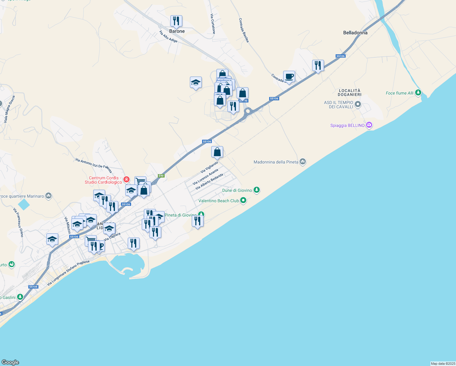 map of restaurants, bars, coffee shops, grocery stores, and more near 27A Via Carlo Pisacane in Catanzaro
