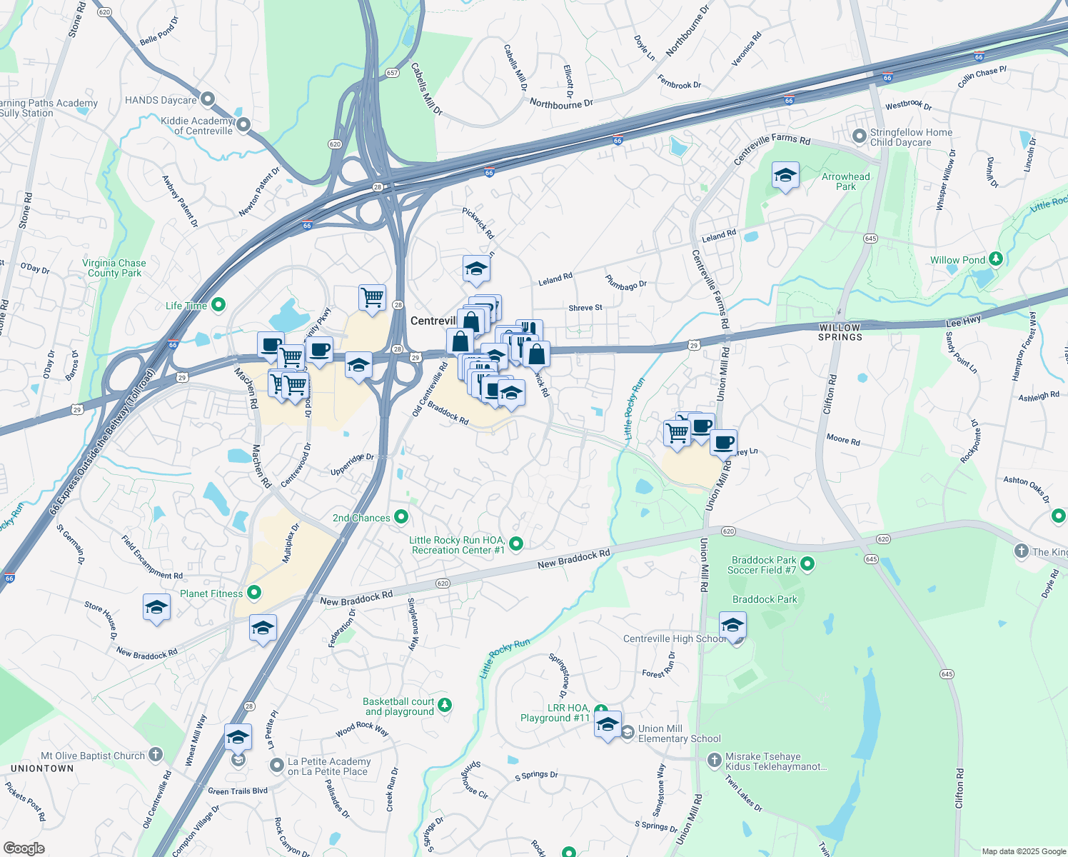 map of restaurants, bars, coffee shops, grocery stores, and more near 5820 Westwater Court in Centreville