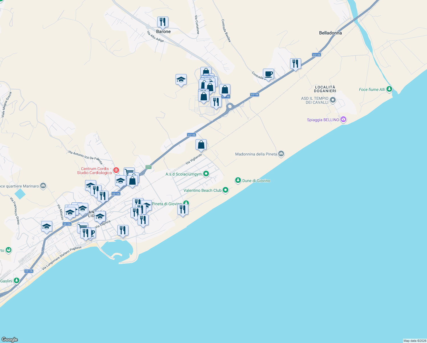 map of restaurants, bars, coffee shops, grocery stores, and more near 27A Via Carlo Pisacane in Catanzaro