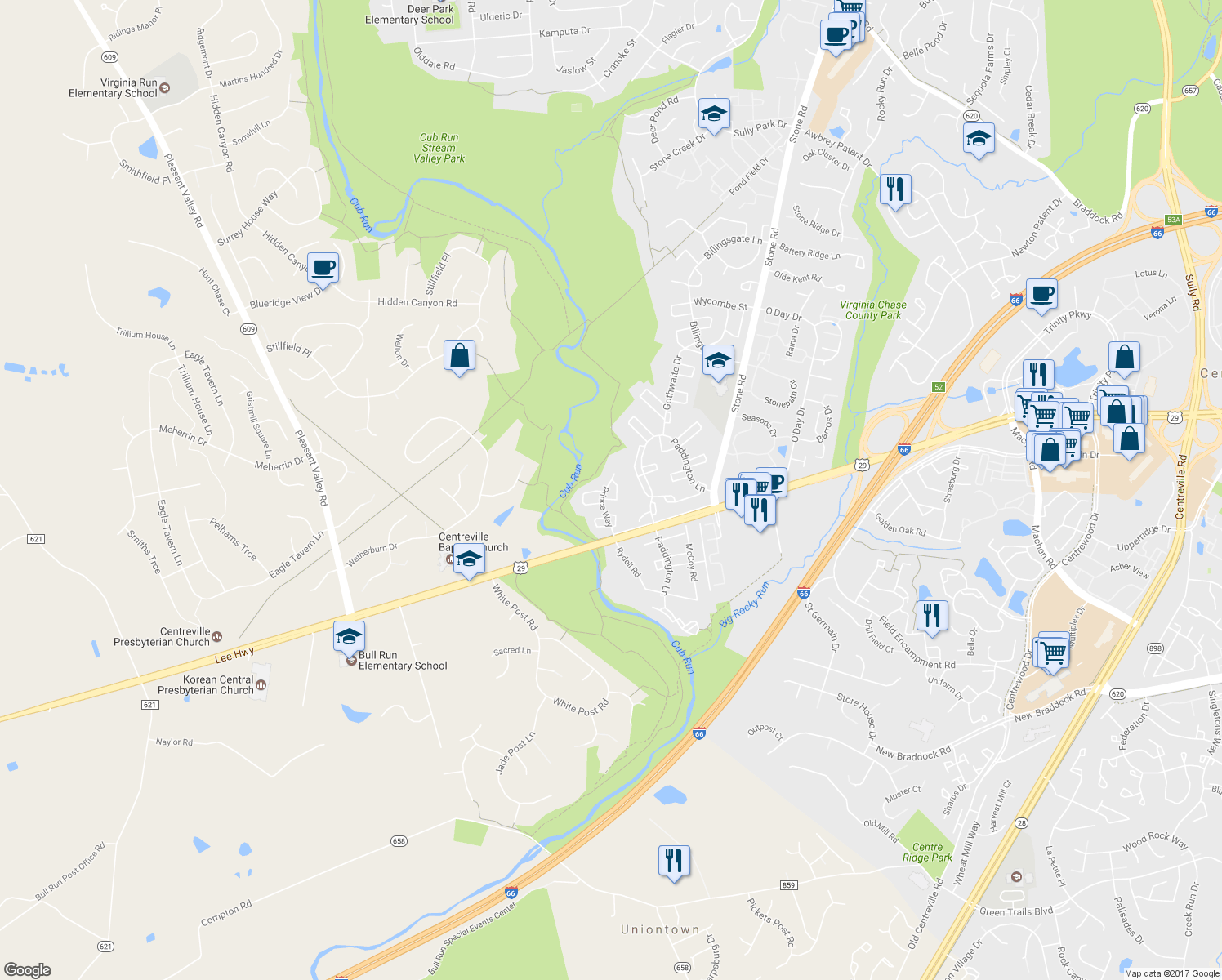 map of restaurants, bars, coffee shops, grocery stores, and more near 6254 Astrid Cove in Centreville