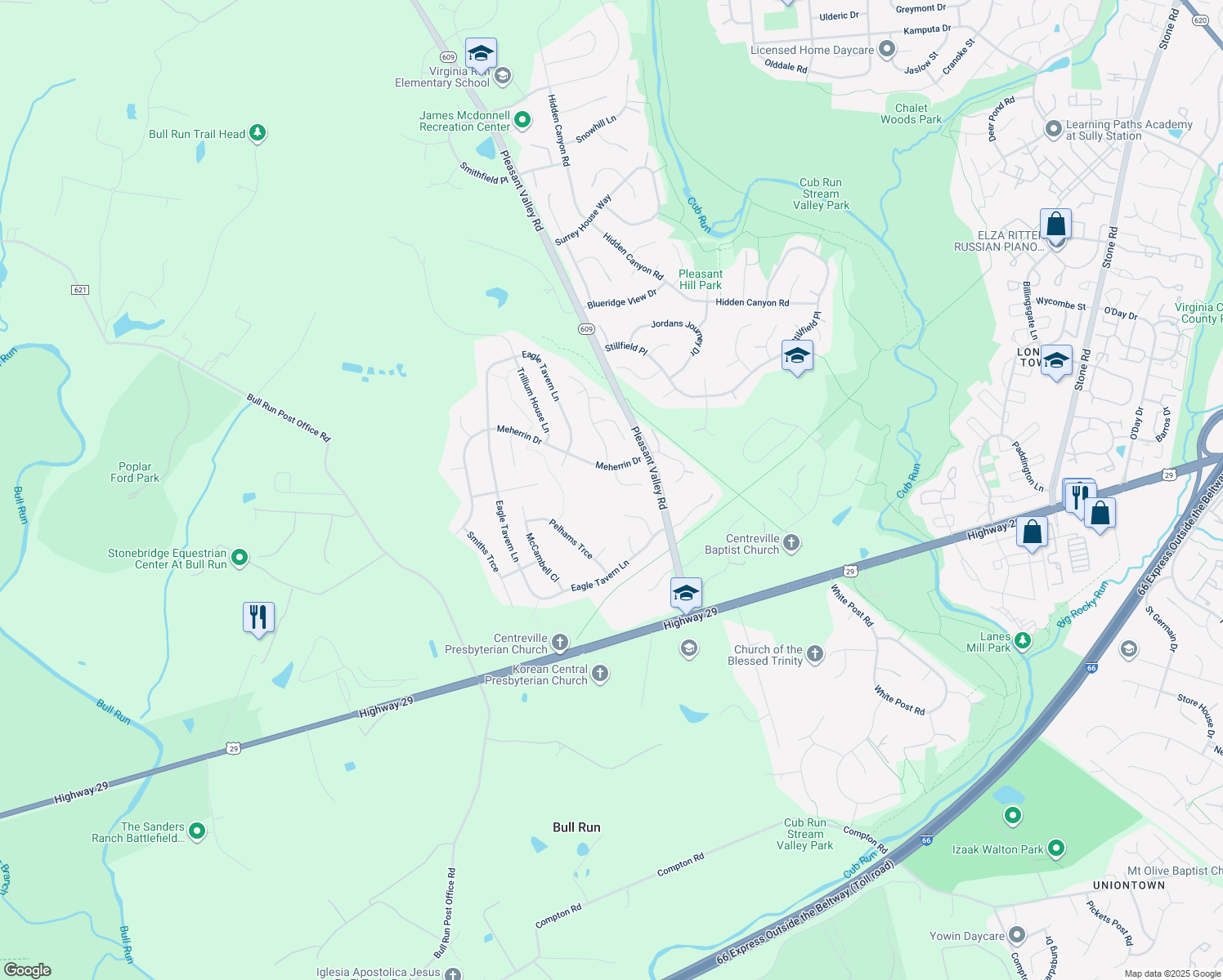 map of restaurants, bars, coffee shops, grocery stores, and more near 15391 Twin Creeks Court in Centreville