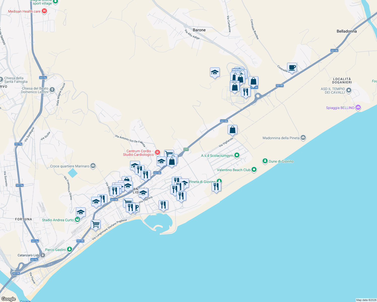 map of restaurants, bars, coffee shops, grocery stores, and more near 214b Viale Crotone in Catanzaro