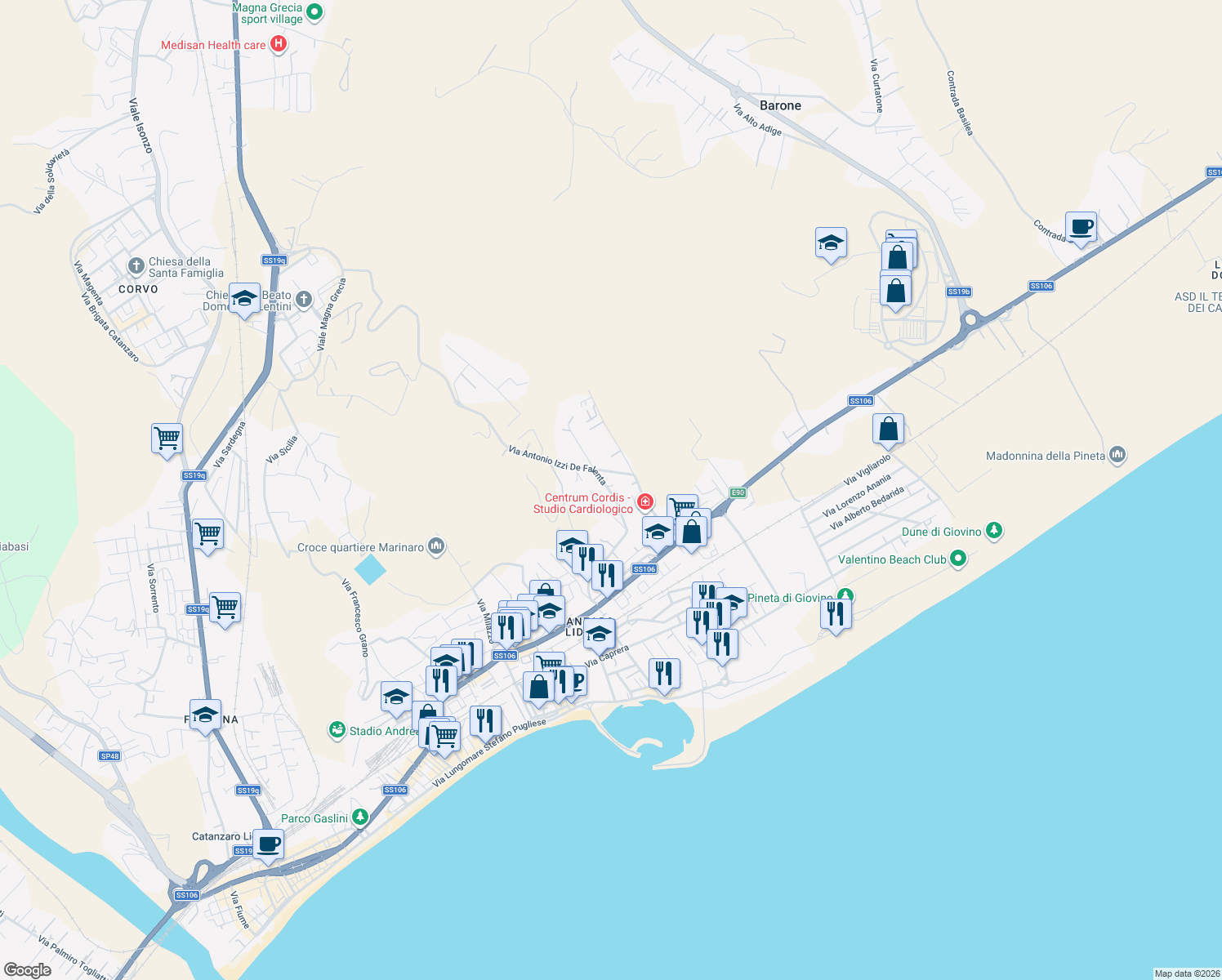 map of restaurants, bars, coffee shops, grocery stores, and more near 18 Via Antonio Izzi De Falenta in Catanzaro