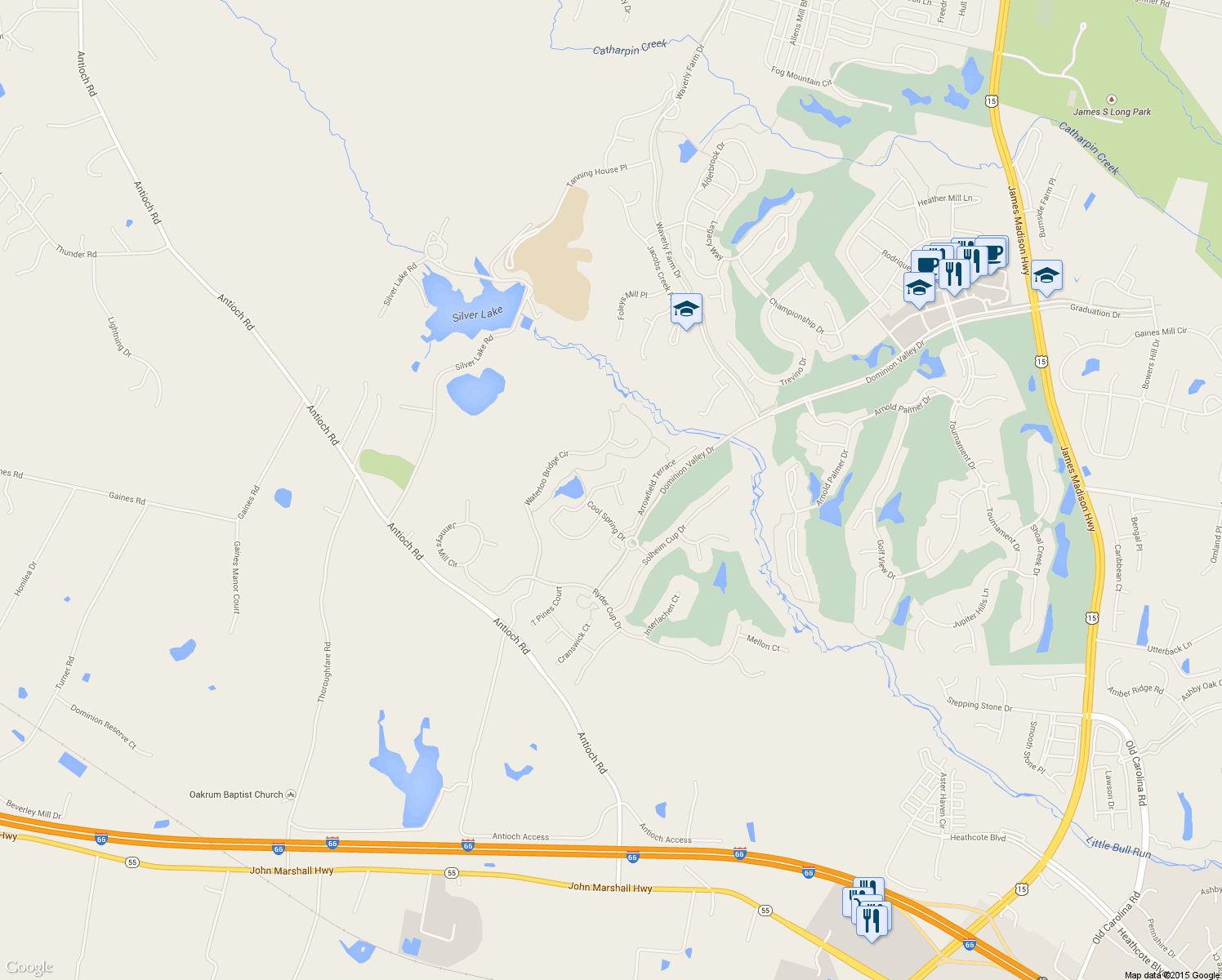 map of restaurants, bars, coffee shops, grocery stores, and more near 15829 Fourmile Creek Court in Haymarket