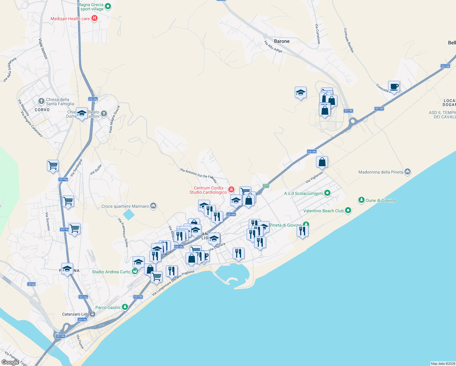 map of restaurants, bars, coffee shops, grocery stores, and more near 13 Via Antonio Izzi De Falenta in Catanzaro