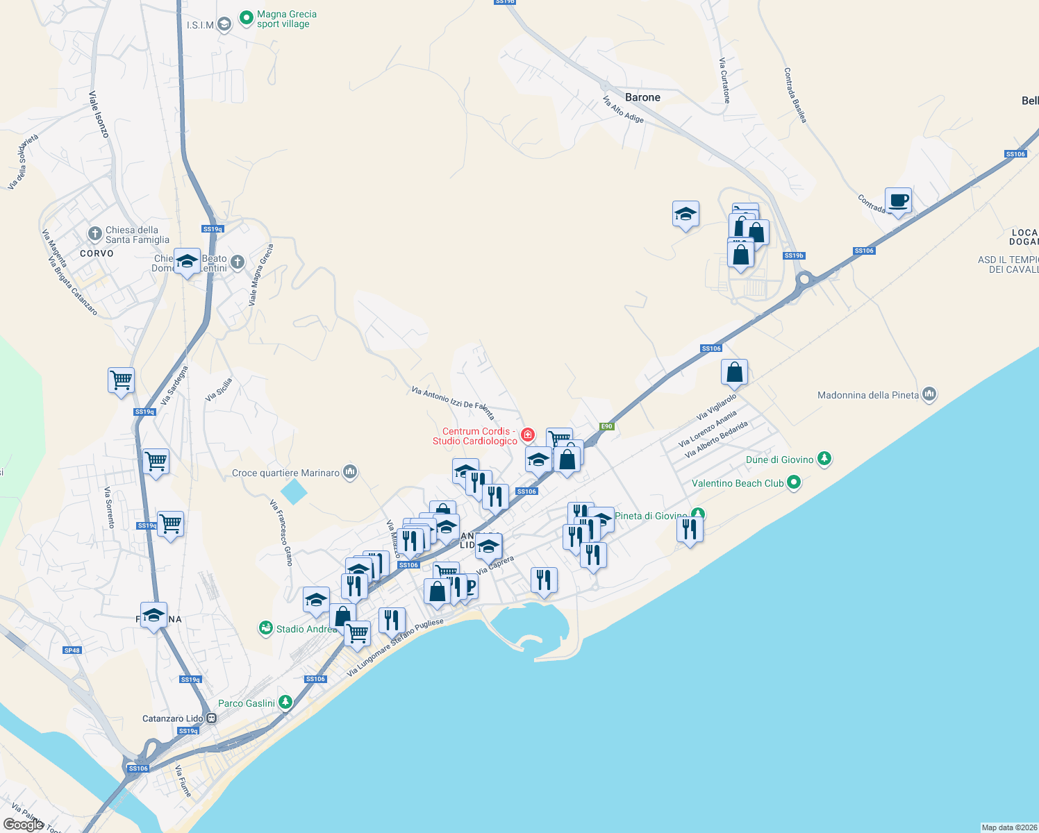 map of restaurants, bars, coffee shops, grocery stores, and more near 13 Via Antonio Izzi De Falenta in Catanzaro