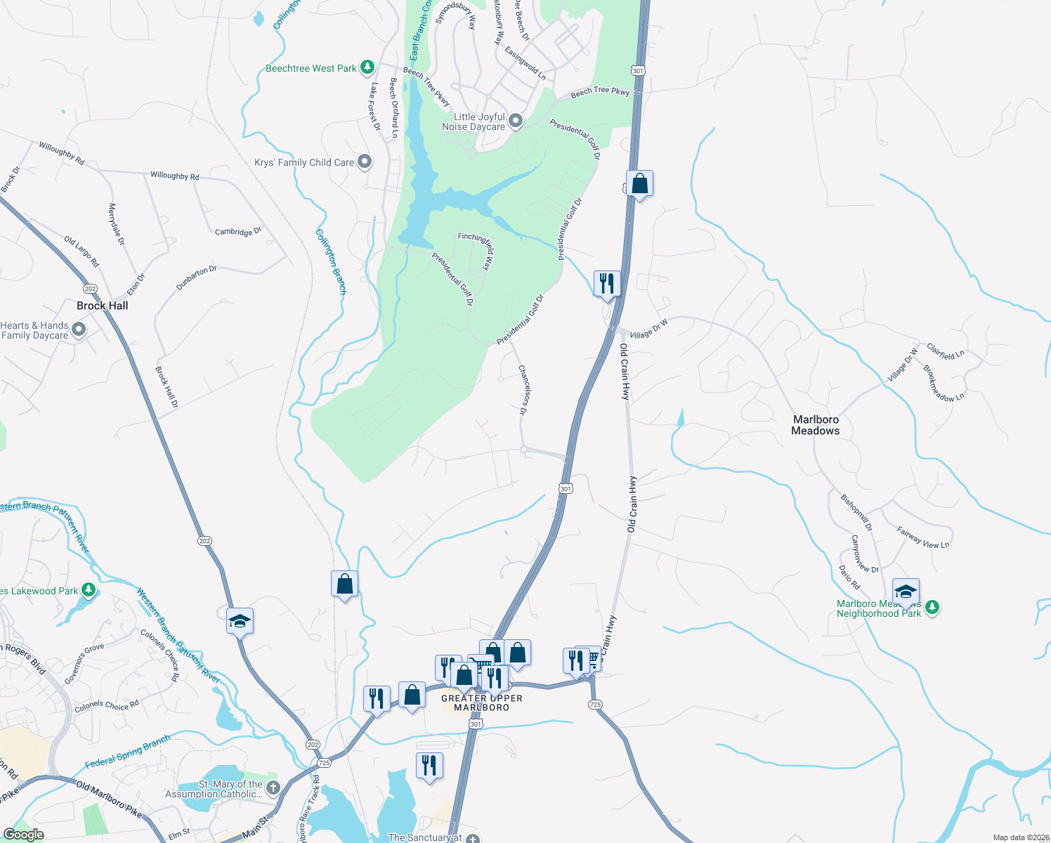 map of restaurants, bars, coffee shops, grocery stores, and more near 3804 Chancelsors Drive in Upper Marlboro