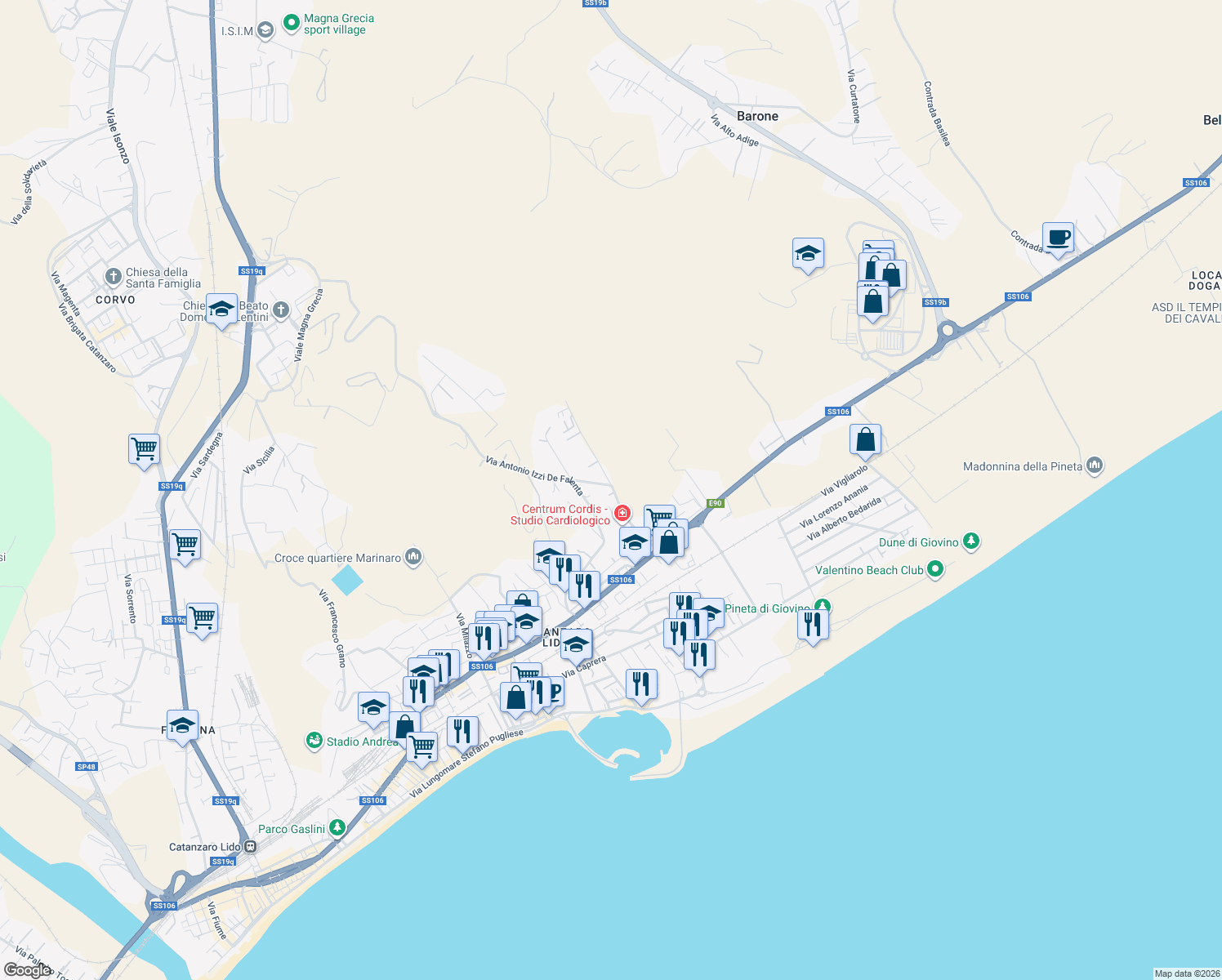 map of restaurants, bars, coffee shops, grocery stores, and more near 13 Via Antonio Izzi De Falenta in Catanzaro