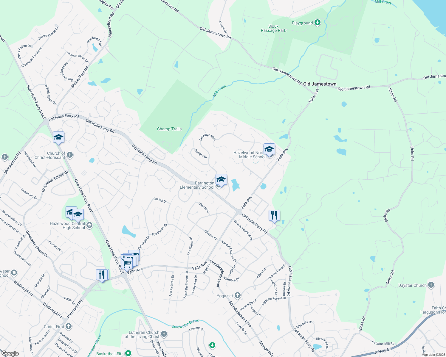 map of restaurants, bars, coffee shops, grocery stores, and more near 4338 Portland Lake Drive in Florissant