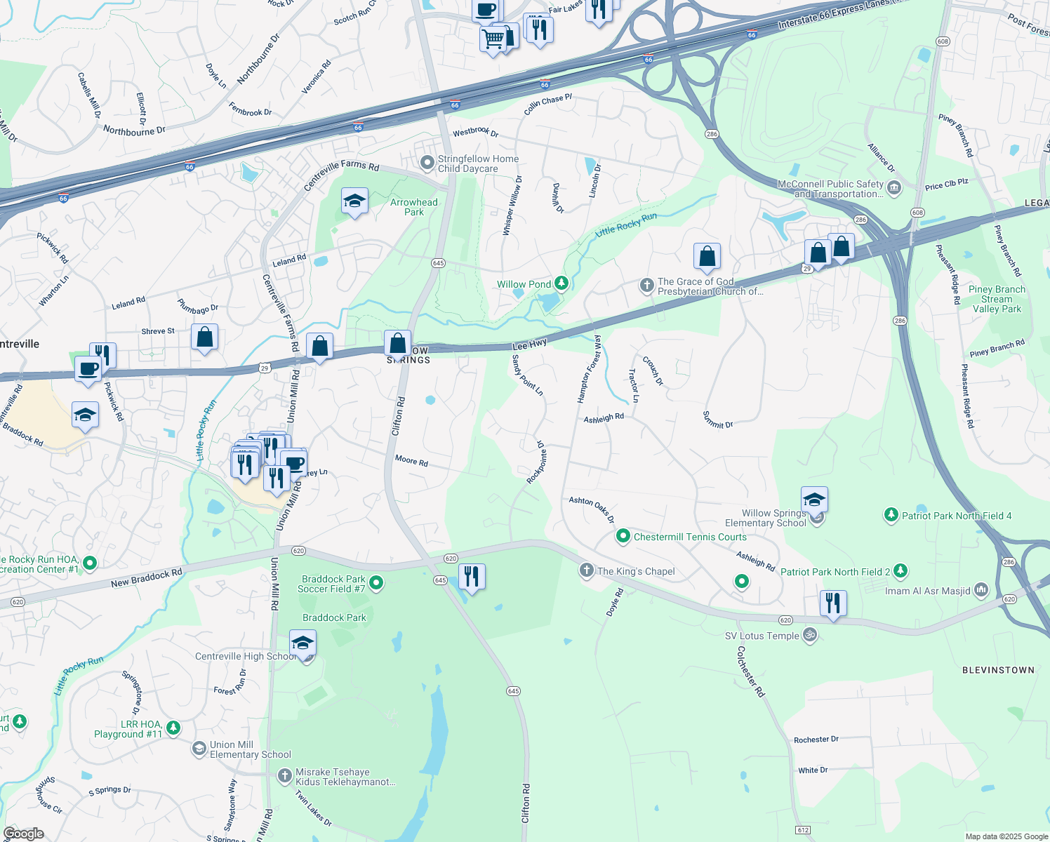map of restaurants, bars, coffee shops, grocery stores, and more near 5481 Rockpointe Drive in Clifton