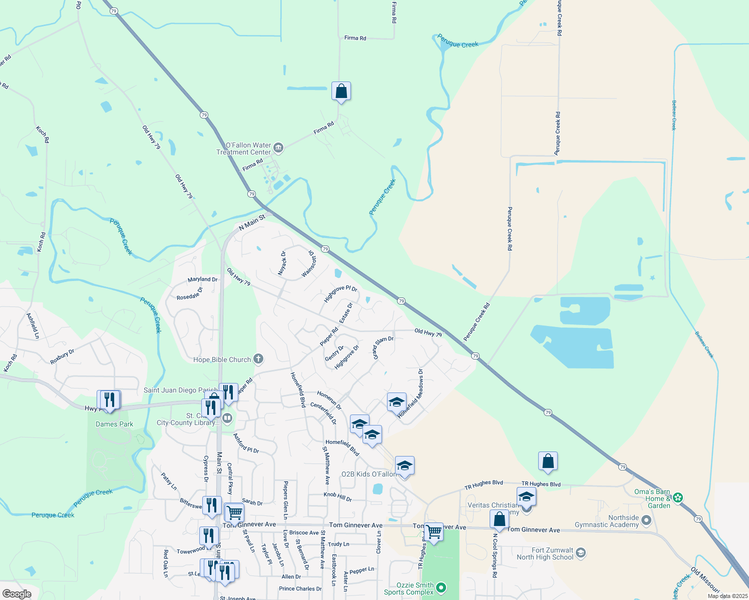 map of restaurants, bars, coffee shops, grocery stores, and more near 1818 Sapling Drive in O'Fallon