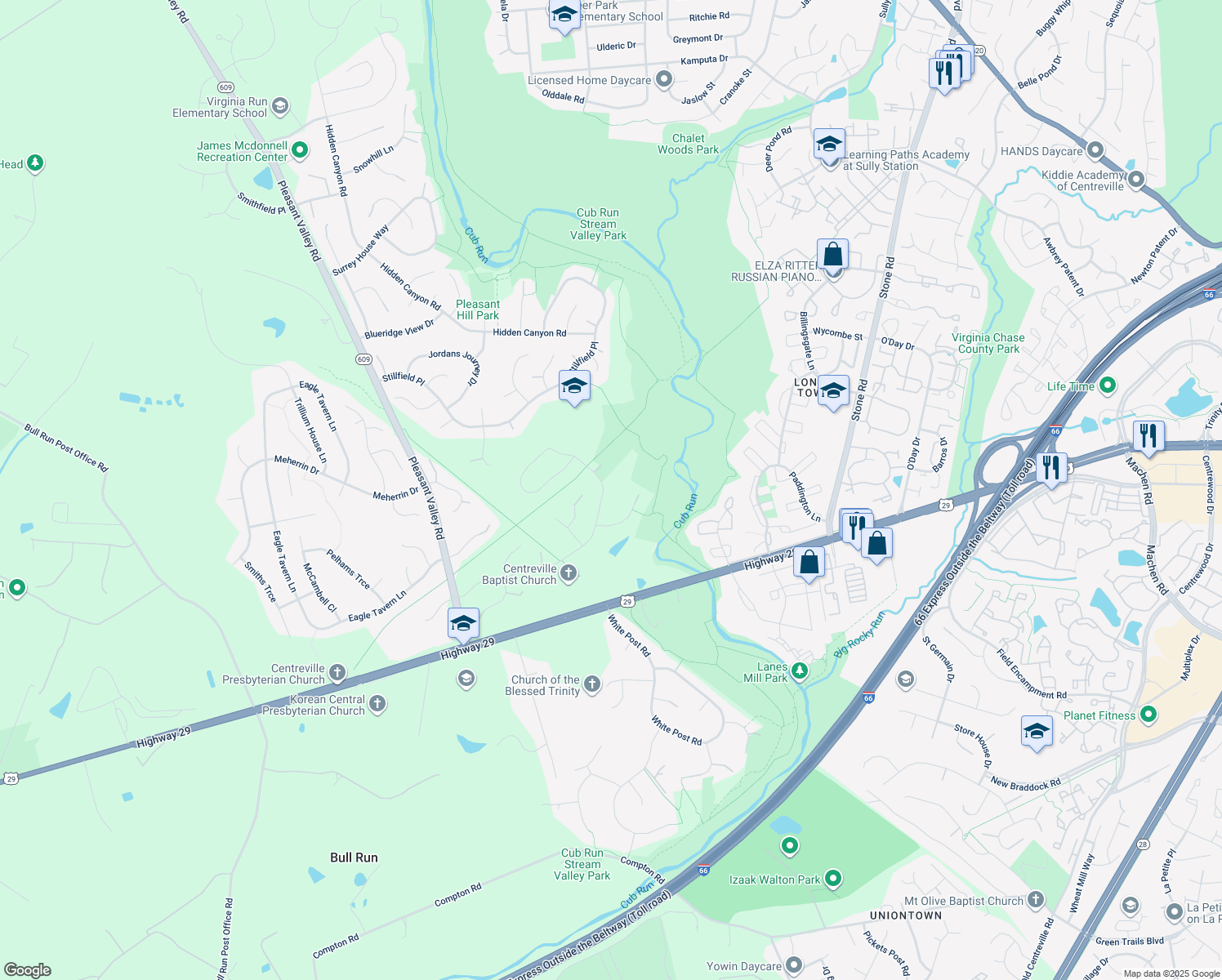 map of restaurants, bars, coffee shops, grocery stores, and more near 15155 Wetherburn Drive in Centreville
