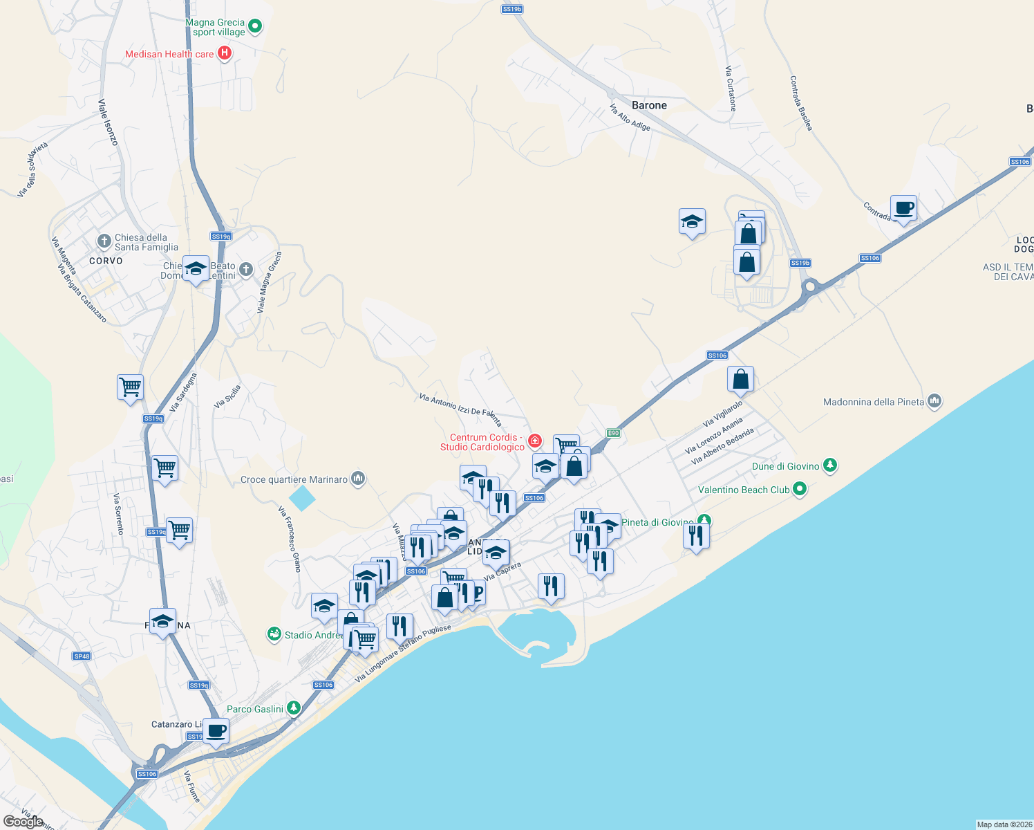 map of restaurants, bars, coffee shops, grocery stores, and more near 18 Via Antonio Izzi De Falenta in Catanzaro