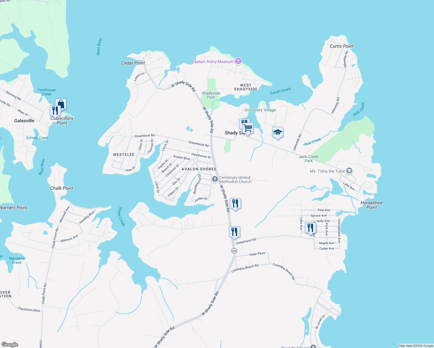 map of restaurants, bars, coffee shops, grocery stores, and more near 6248 Shady Side Rd in Shady Side