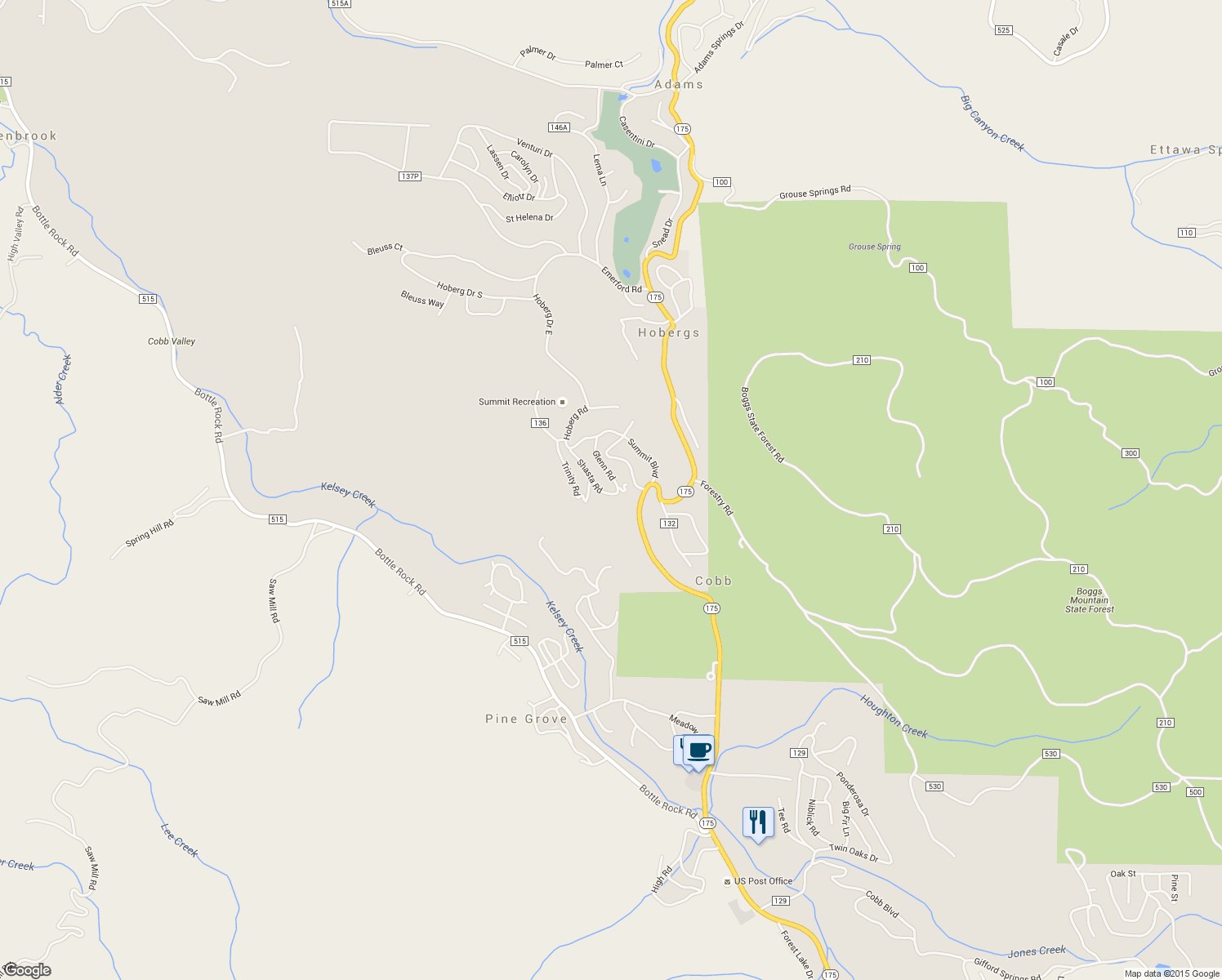 map of restaurants, bars, coffee shops, grocery stores, and more near 15445 Glenn Road in Cobb