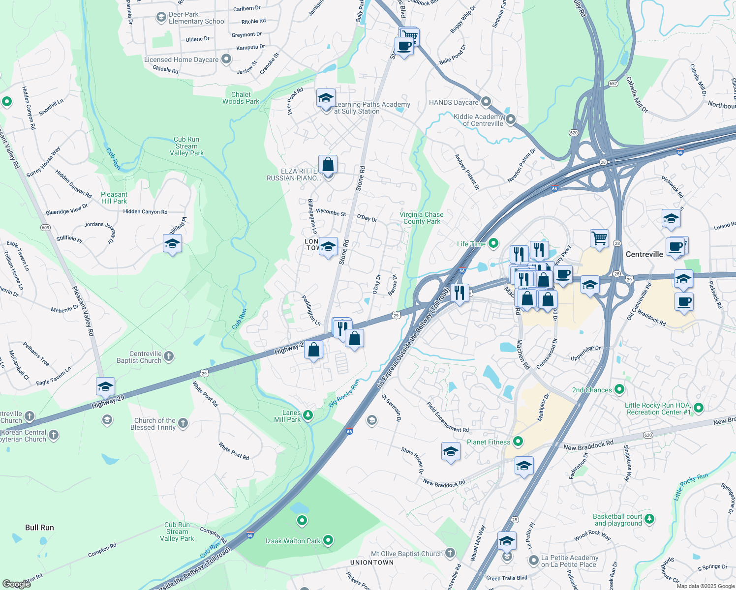 map of restaurants, bars, coffee shops, grocery stores, and more near 14603 Rainy Spring Lane in Centreville
