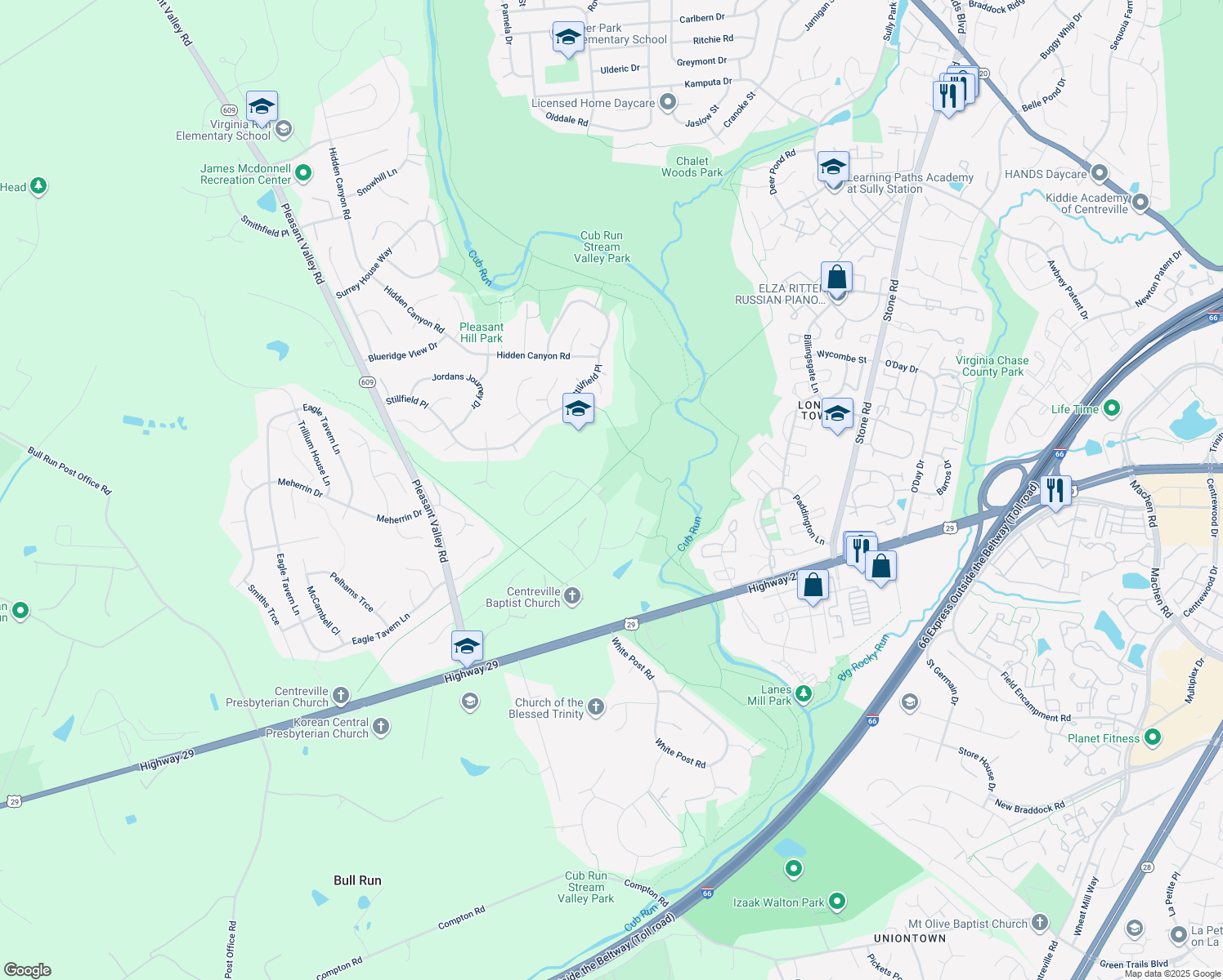 map of restaurants, bars, coffee shops, grocery stores, and more near 15147 Wetherburn Drive in Centreville