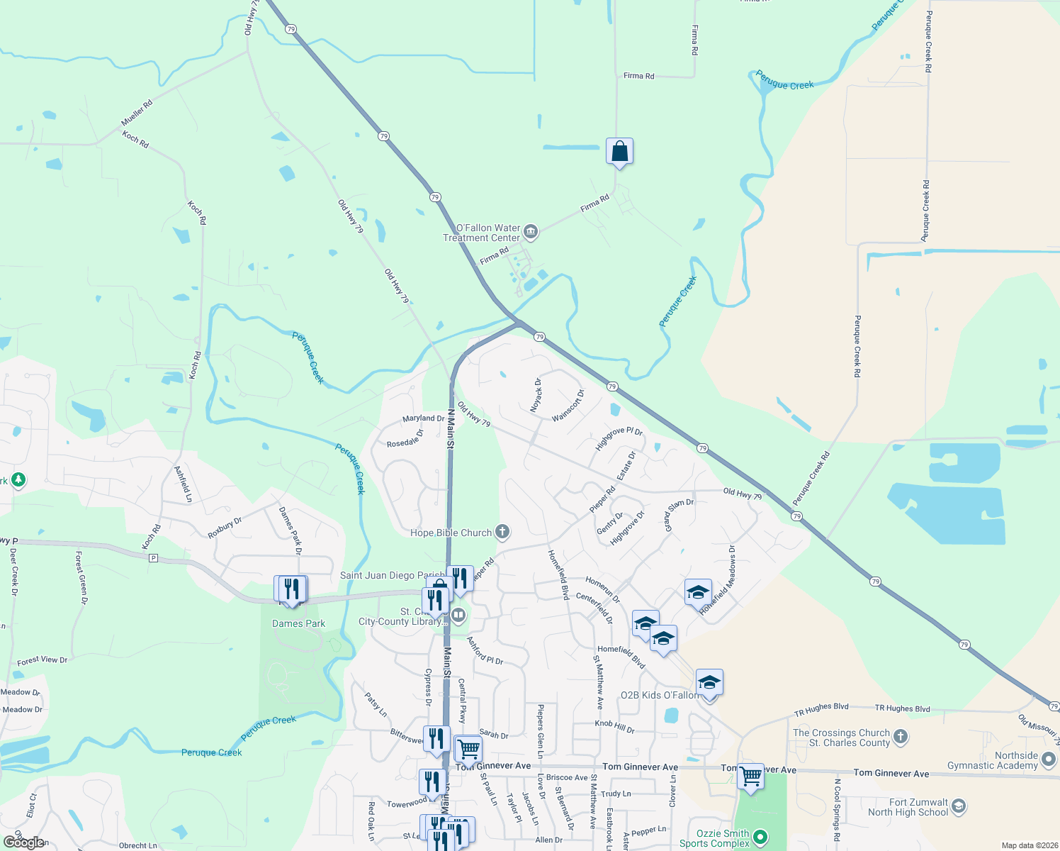 map of restaurants, bars, coffee shops, grocery stores, and more near 702 Jamesport Drive in O'Fallon