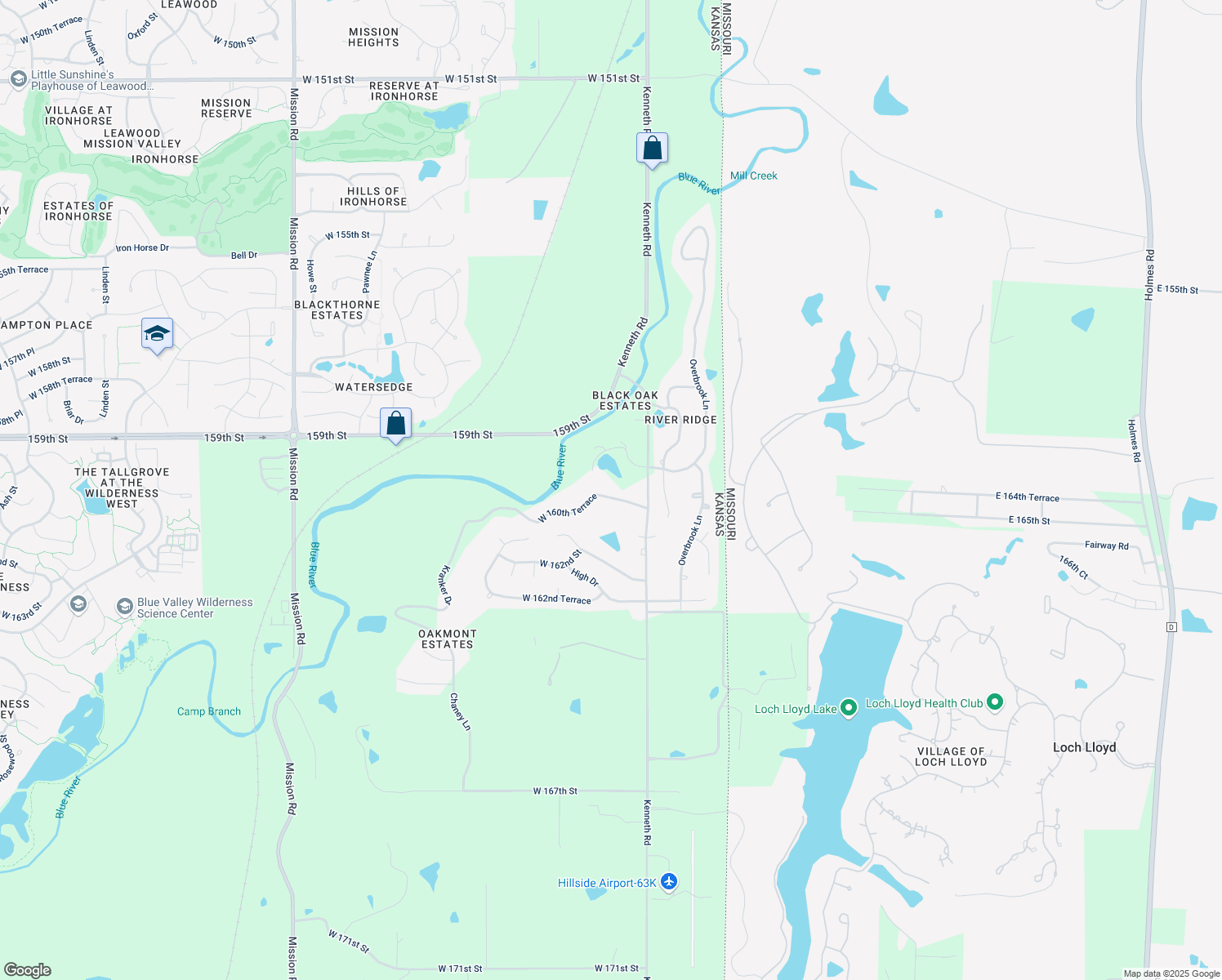 map of restaurants, bars, coffee shops, grocery stores, and more near 2476 West 160th Terrace in Stilwell