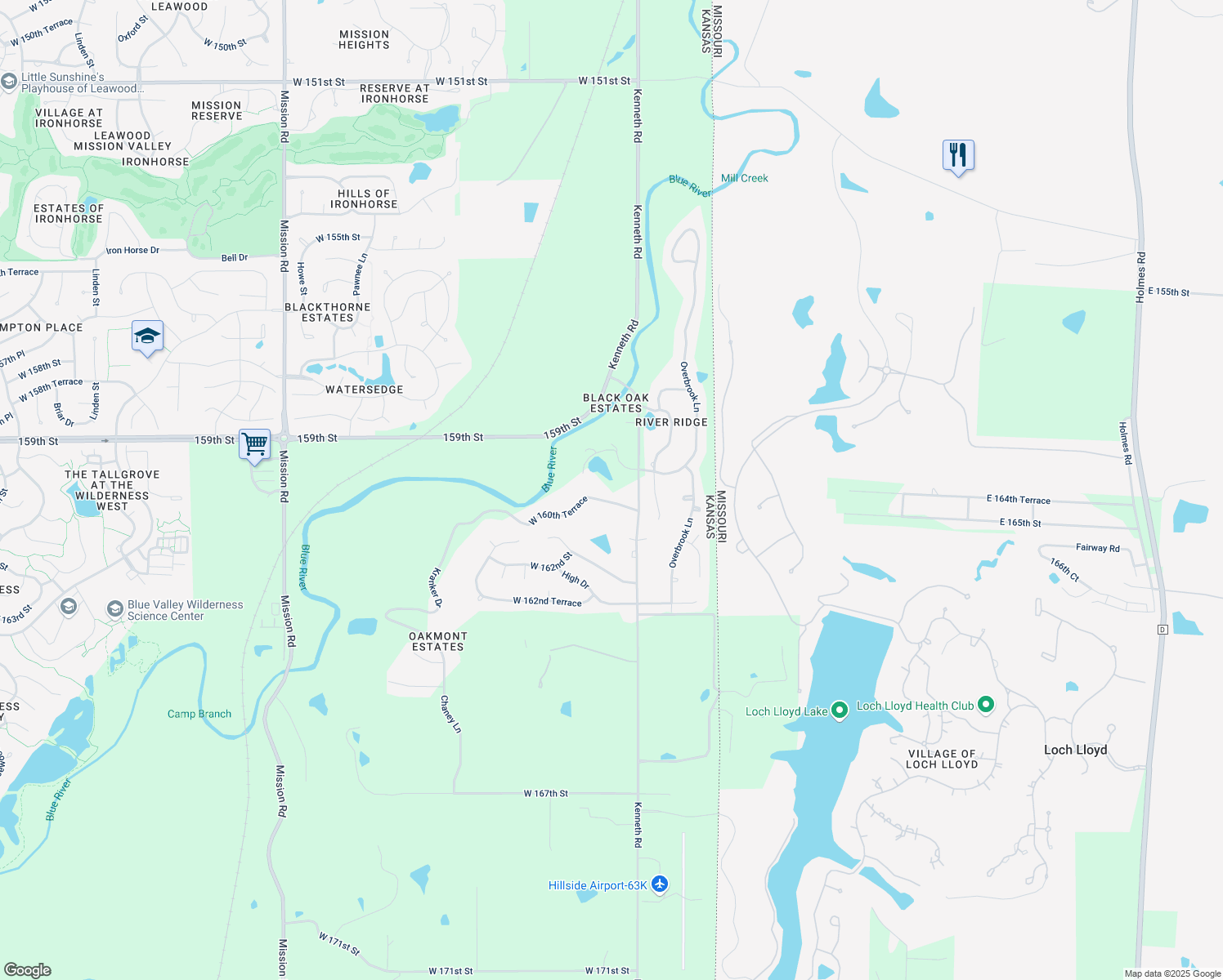 map of restaurants, bars, coffee shops, grocery stores, and more near 2476 West 160th Terrace in Stilwell