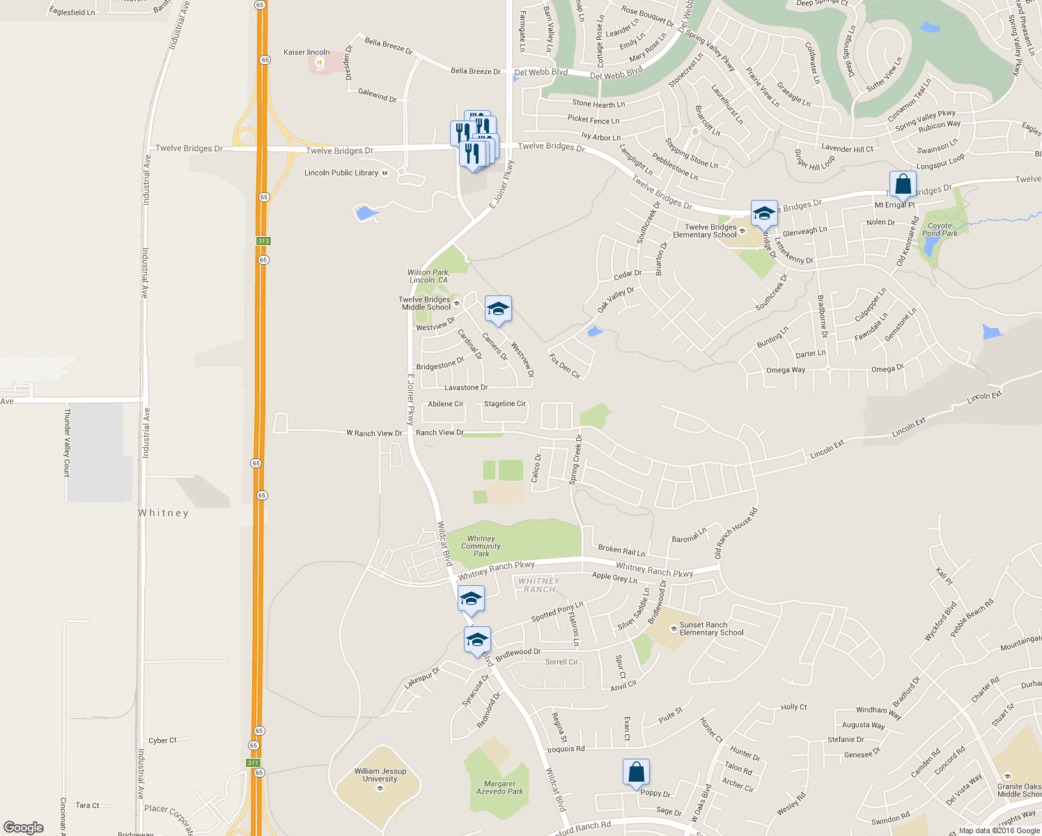 map of restaurants, bars, coffee shops, grocery stores, and more near 1809 Stageline Cir in Rocklin